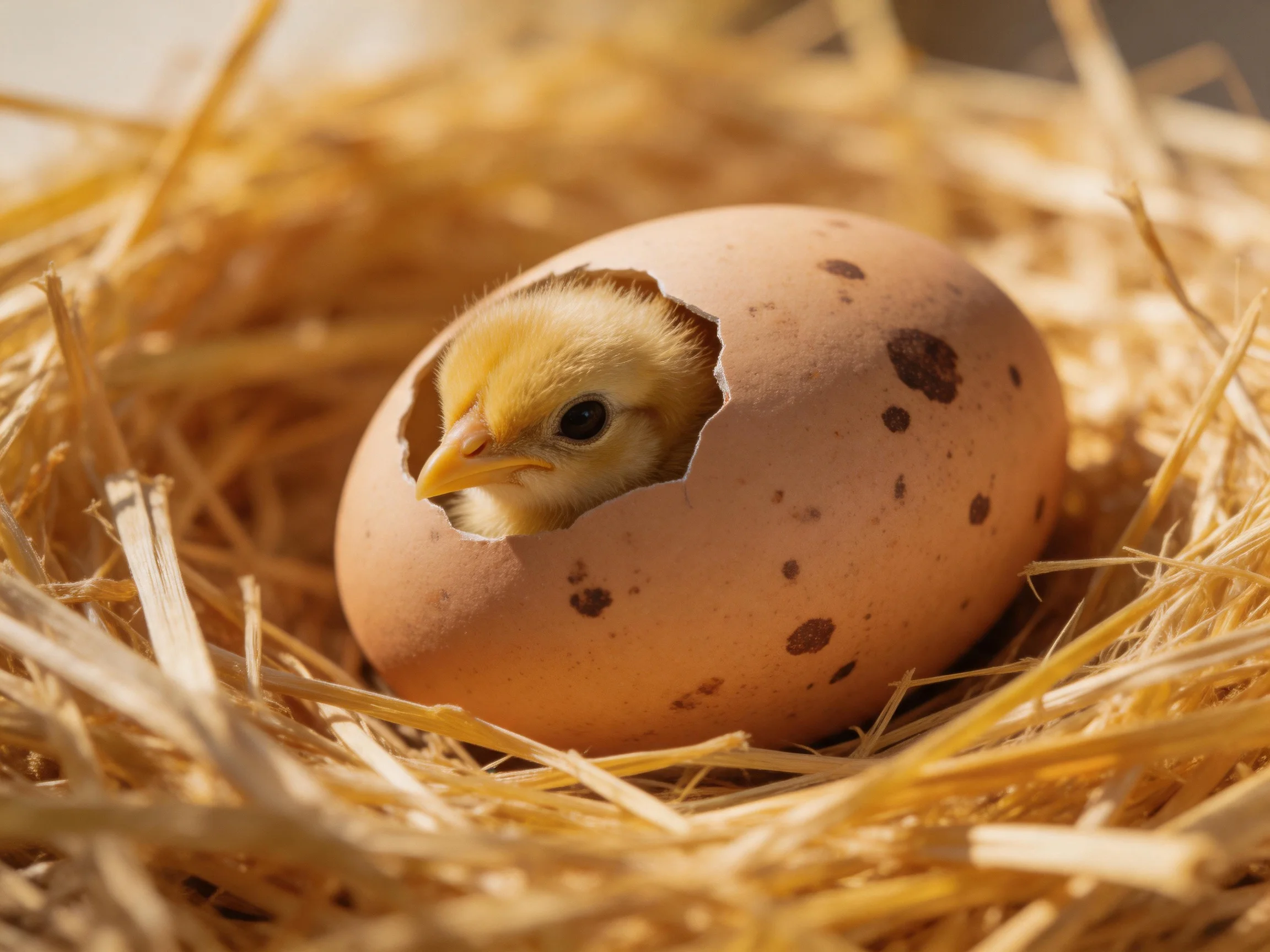 A yellow chick hatches from a brown spotted egg nestled in straw