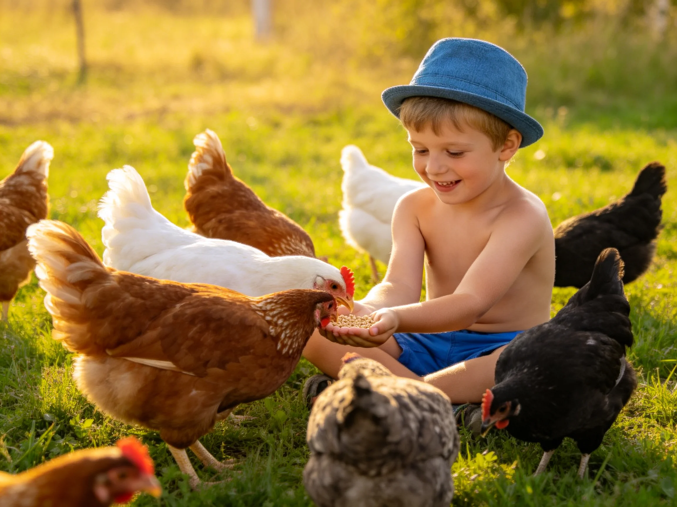 A young boy feeds multicolored chickens in a sunlit grassy field