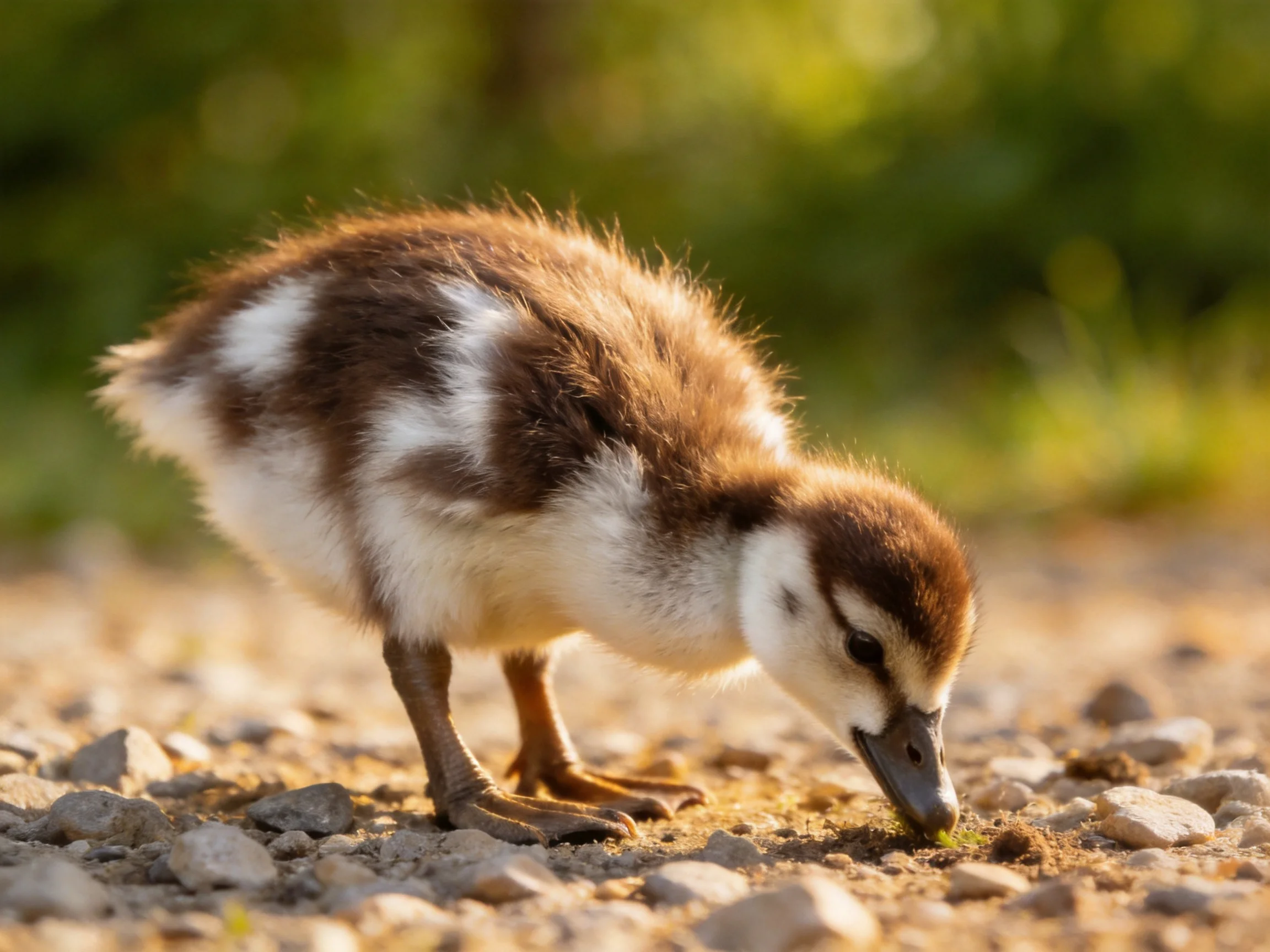 A young brown-and-white duckling forages on gravel near greenery