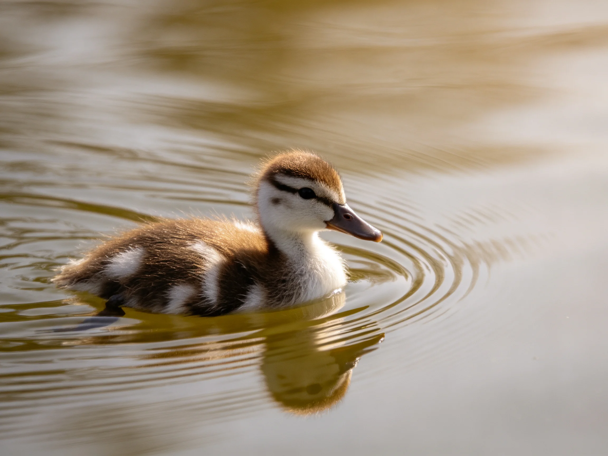 A young brown and white duckling swims in calm, golden-hued water