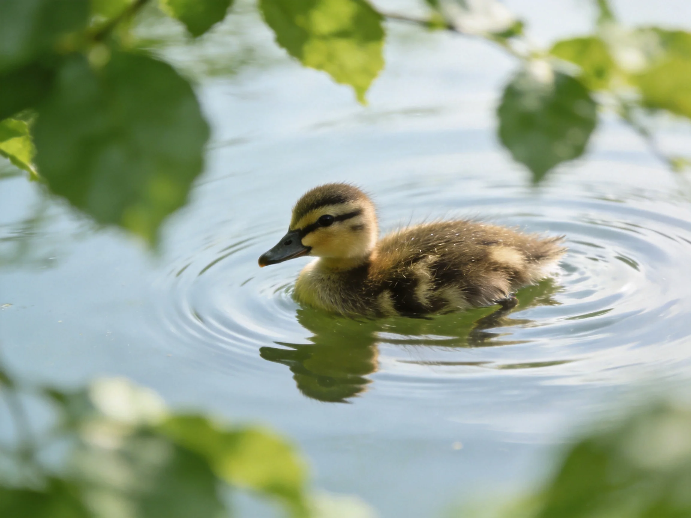 A young duckling with brown and yellow feathers swims in calm water.