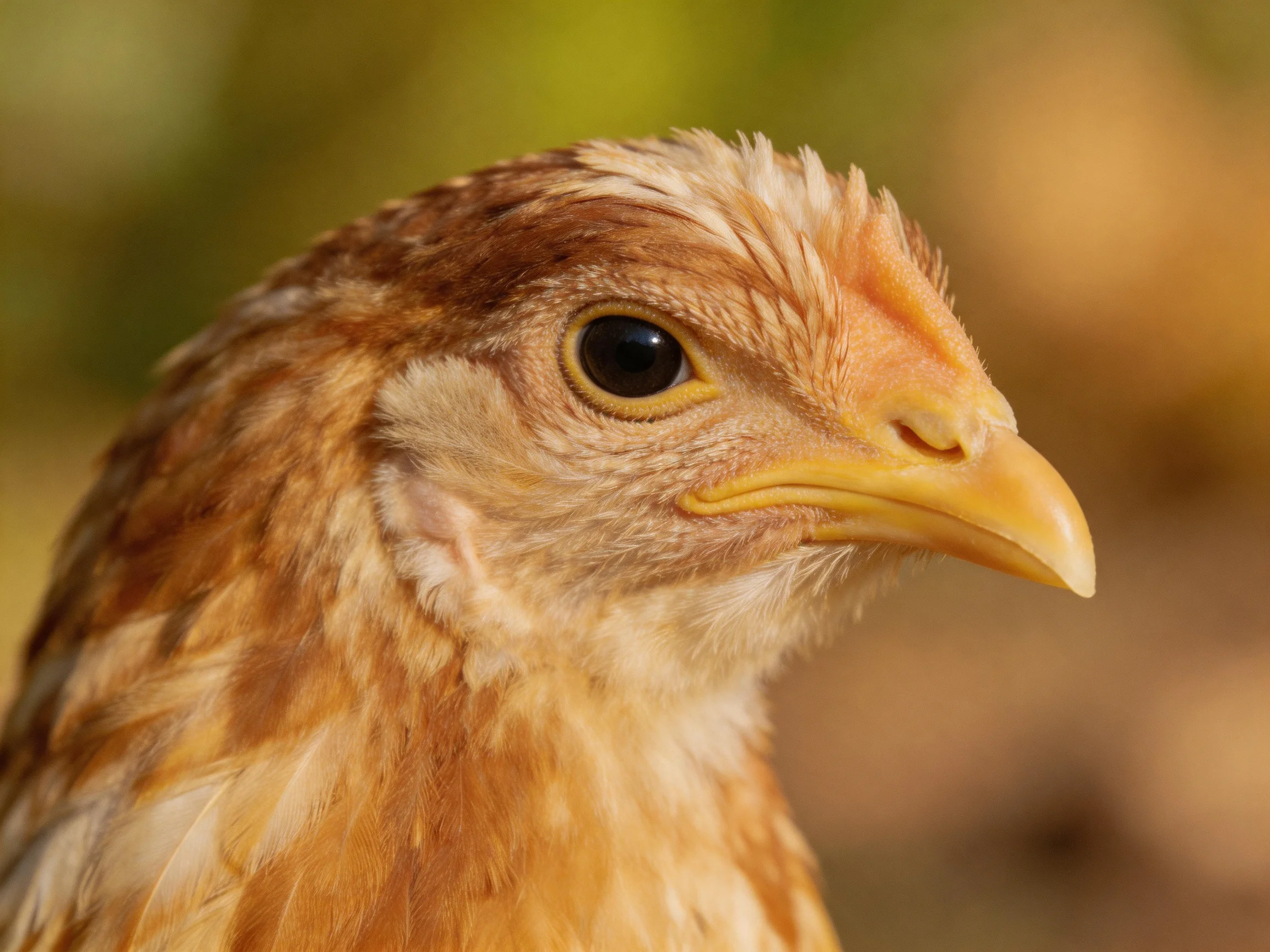 A young brown chicken chick with a bright yellow beak and textured plumage