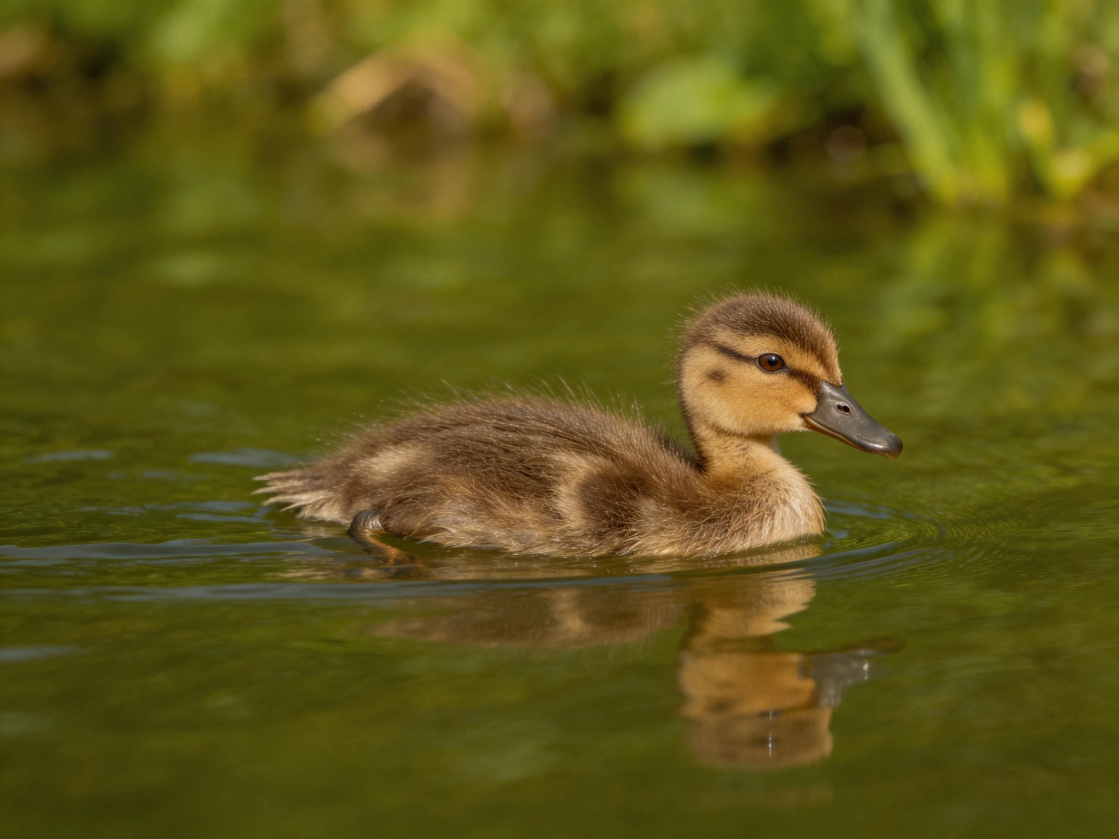 A young brown duckling swims in calm green water near lush vegetation