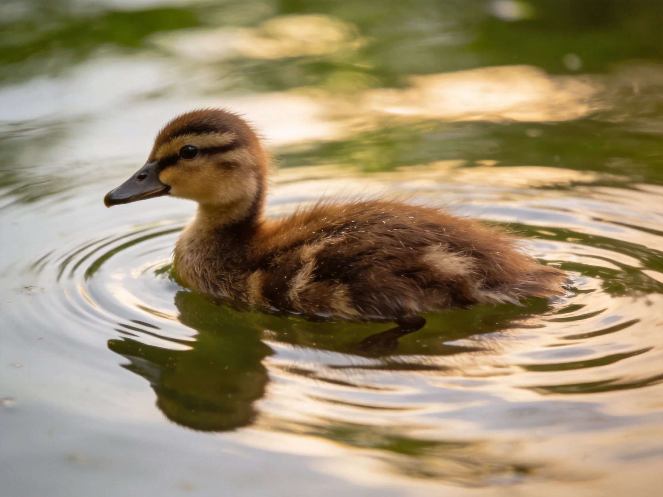 A young brown duckling swims in rippling greenish water