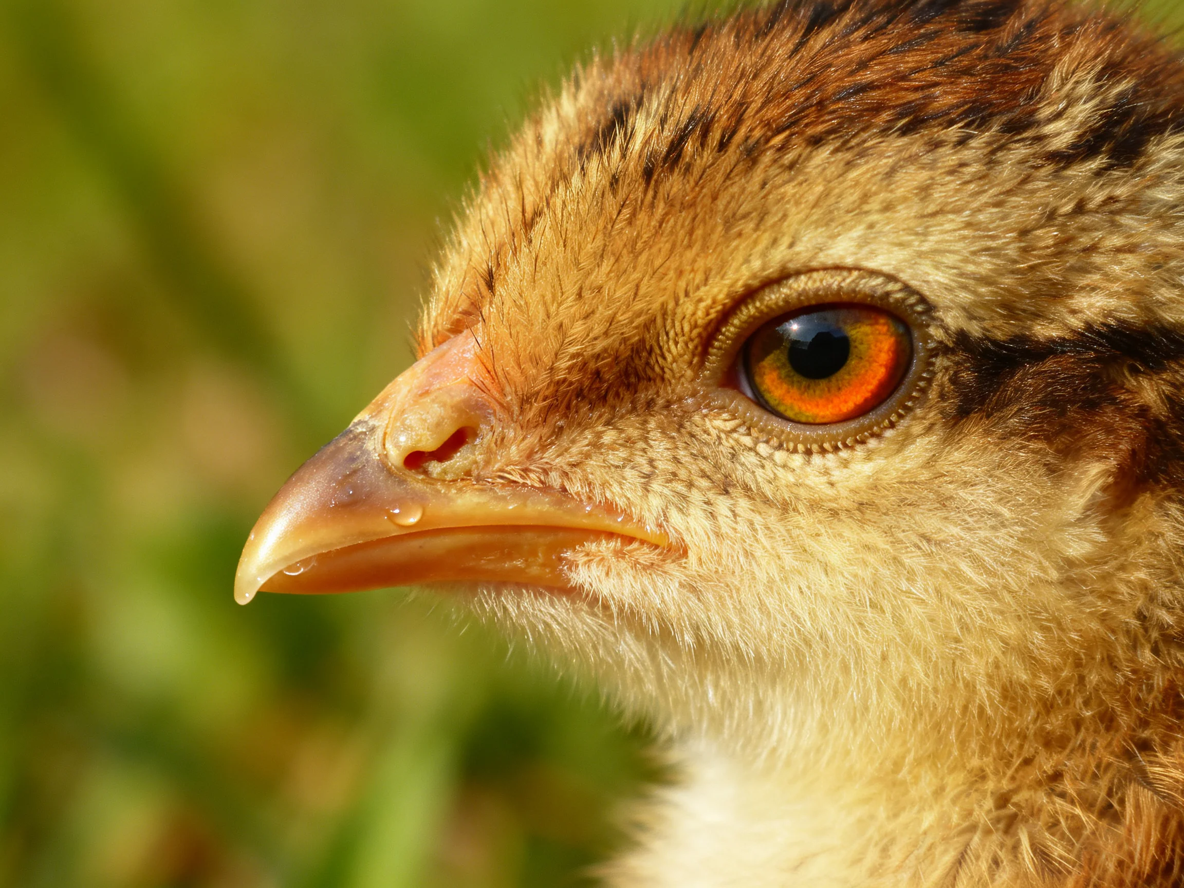 A young chick with vibrant orange eye and brown feathered plumage