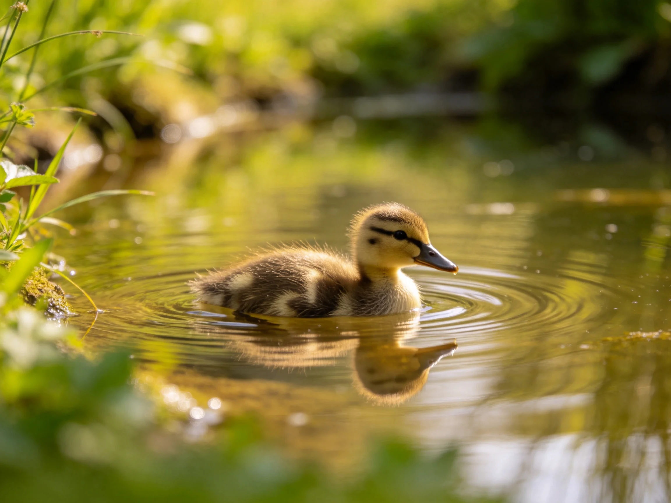 A young duckling swims in golden-hued water near lush green vegetation