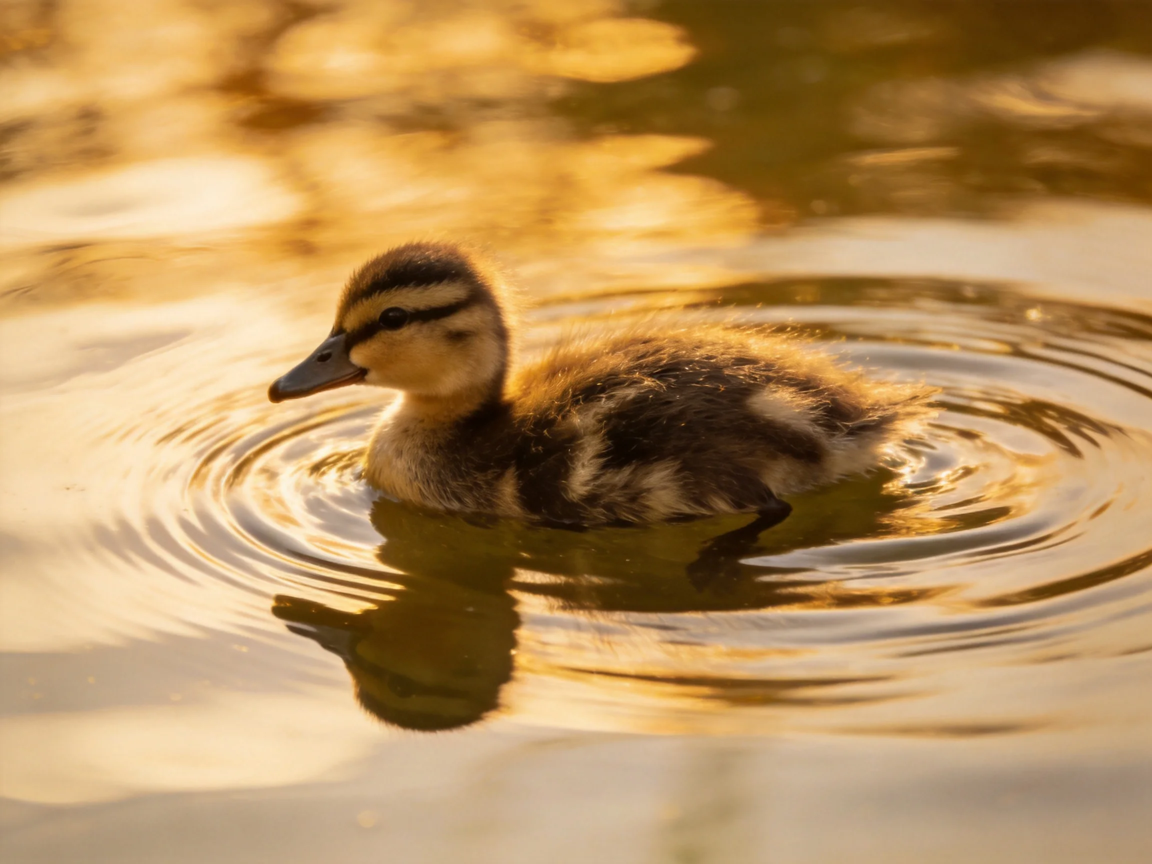 A young duckling swims in golden-lit water with circular ripples