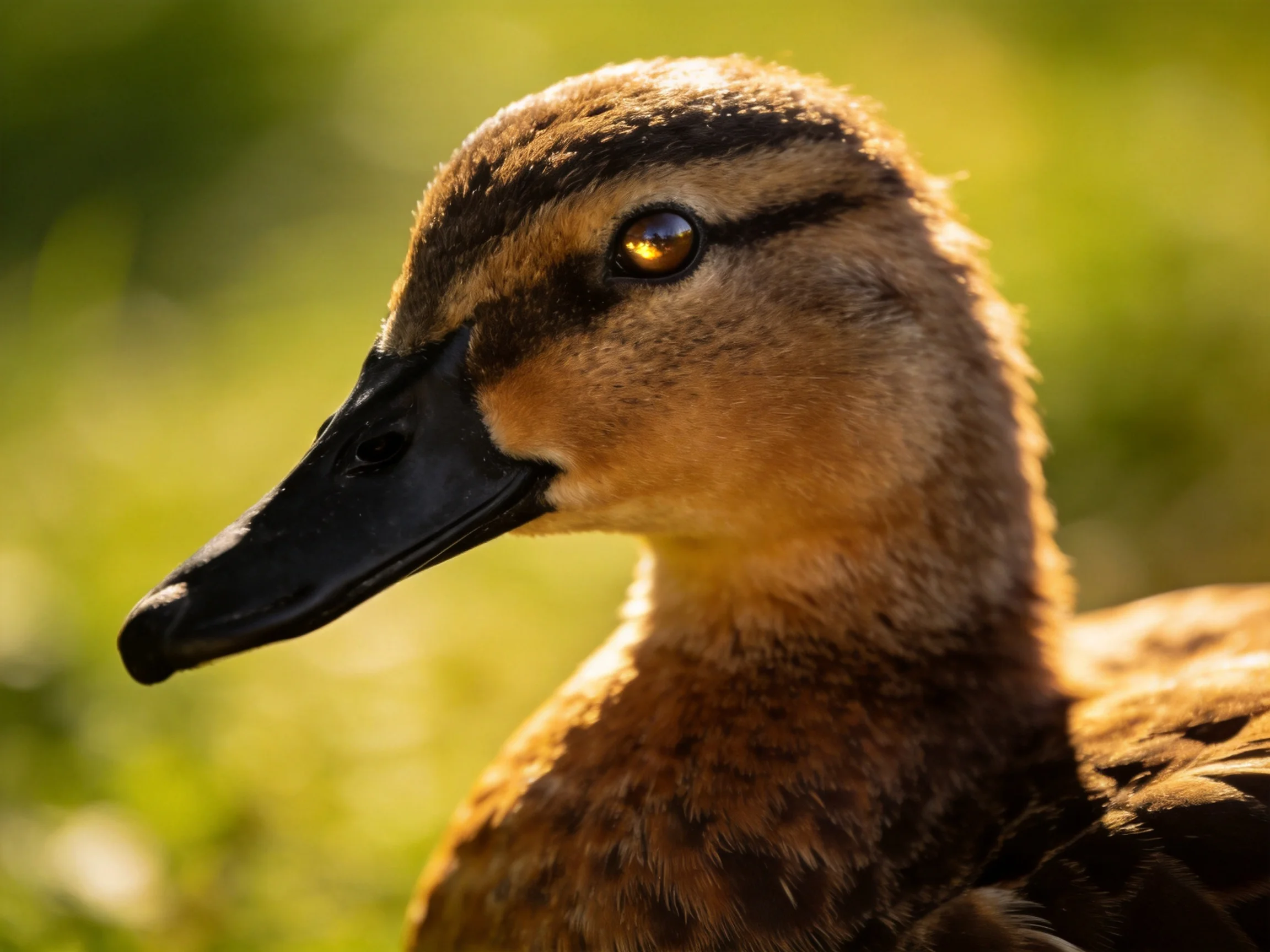 A young duckling with brown plumage, black beak, and golden eye near blurred greenery