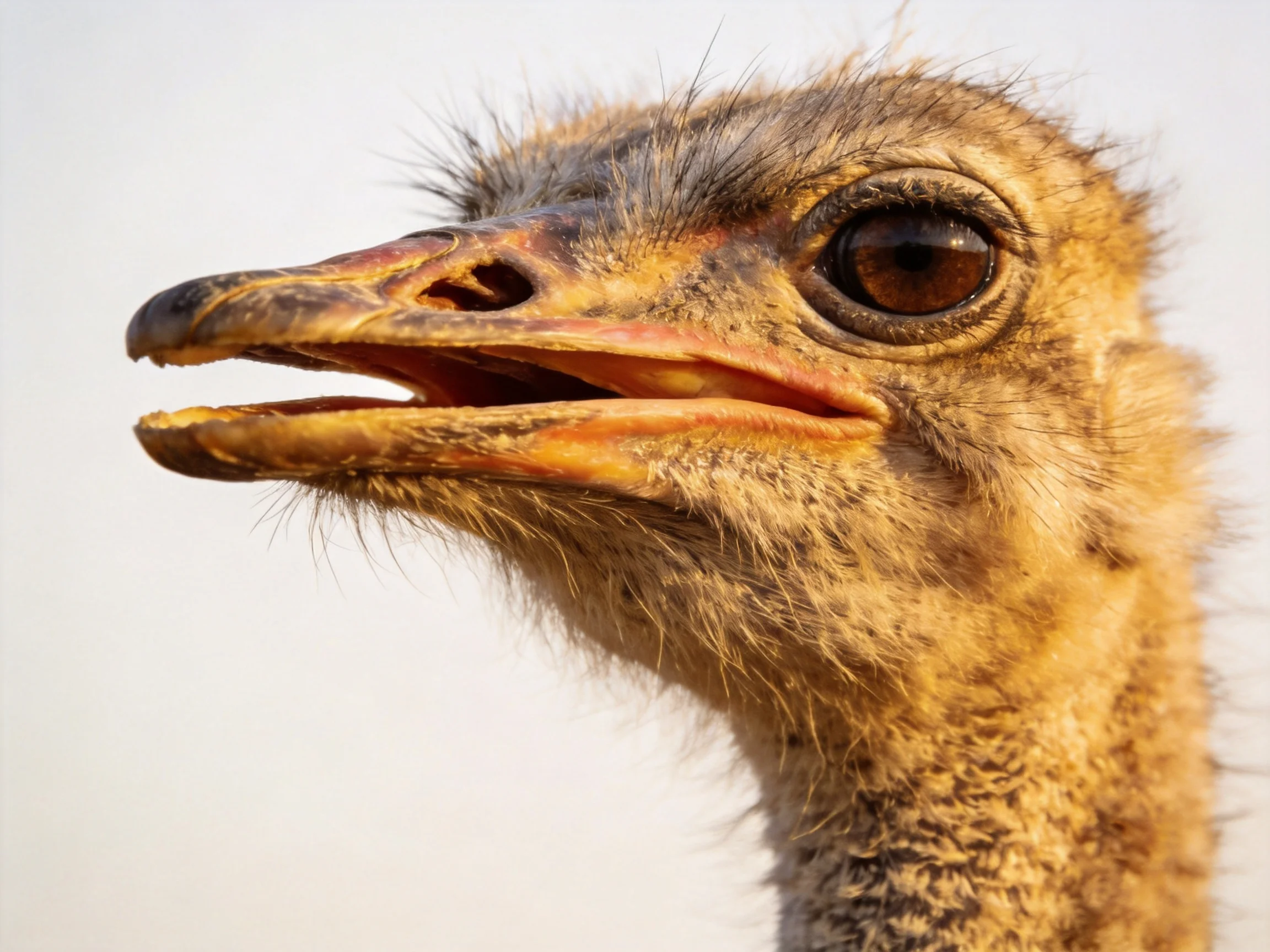 A young ostrich chick with open beak and brown downy feathers