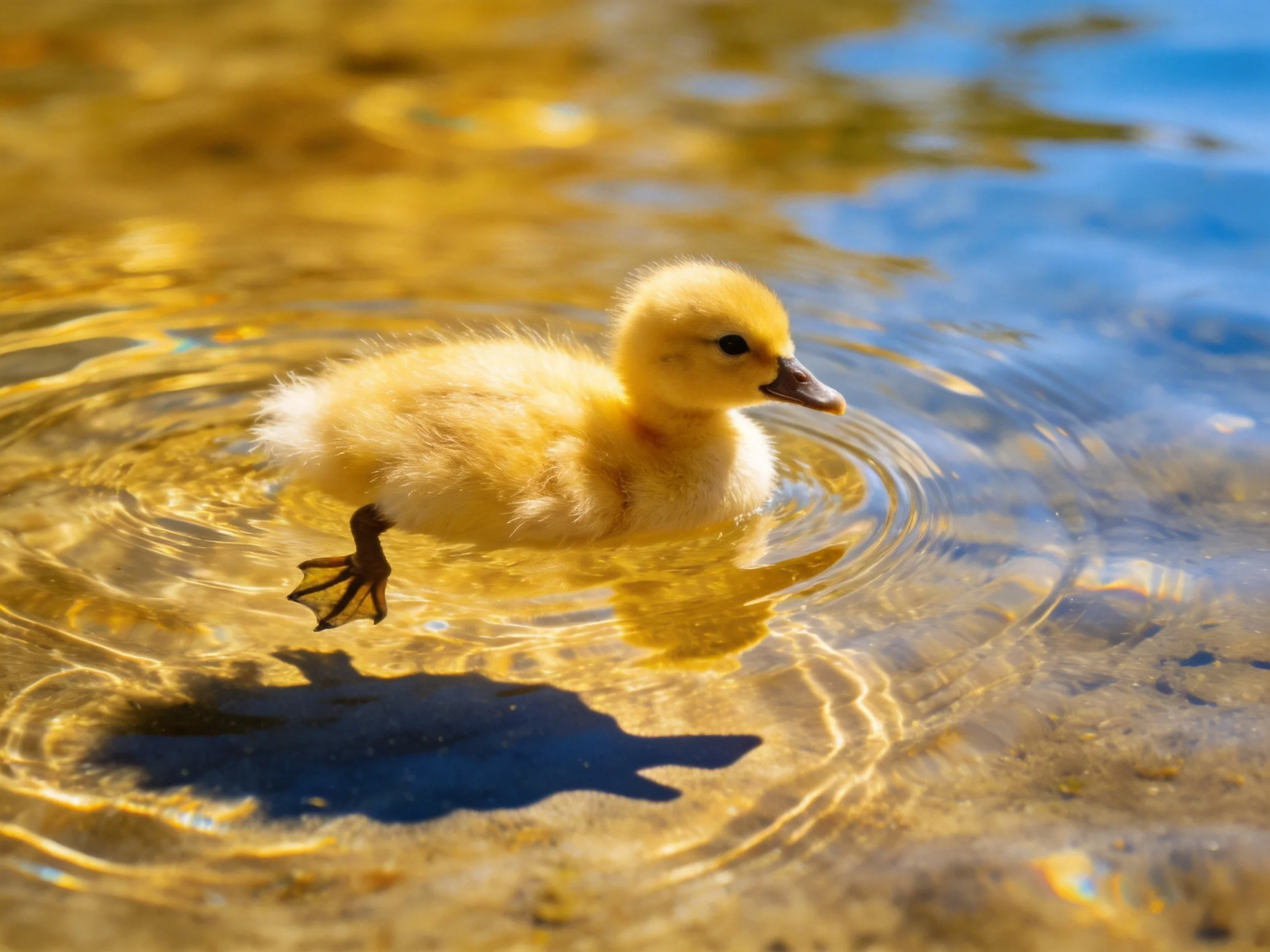 A young yellow duckling floats in golden-tinted clear water