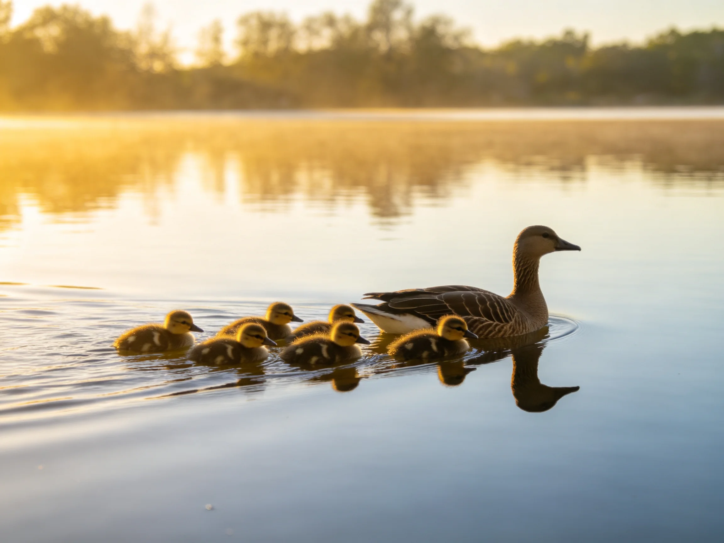 Adult duck swimming with five ducklings on calm reflective water during golden hour