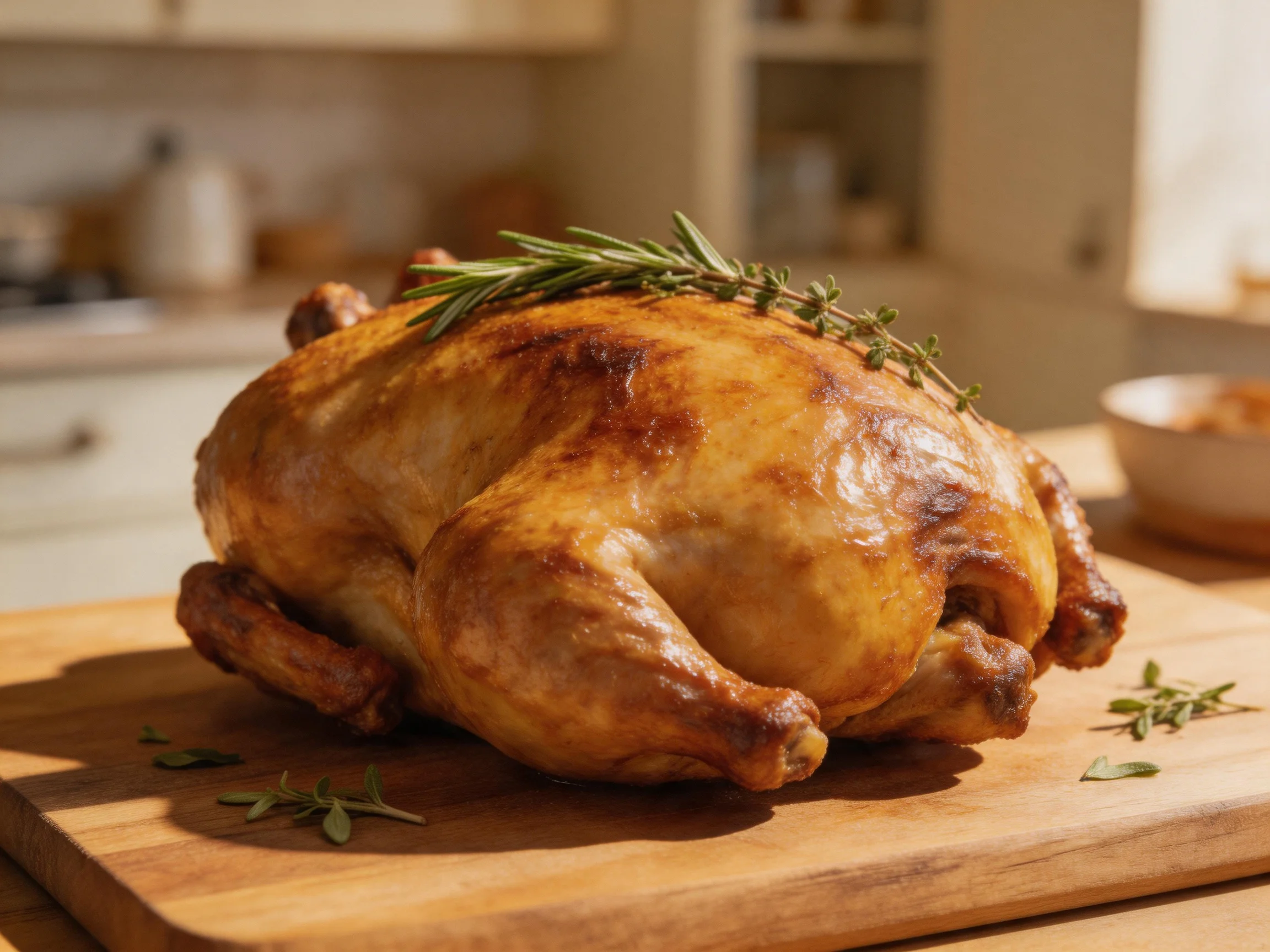A golden-brown roasted chicken garnished with herbs is displayed on a wooden cutting board in a kitchen.