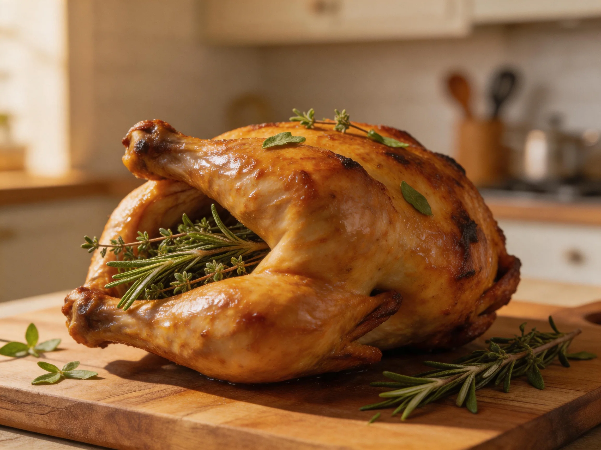 Agolden-brown roasted chicken garnished with fresh herbs on a wooden cutting board