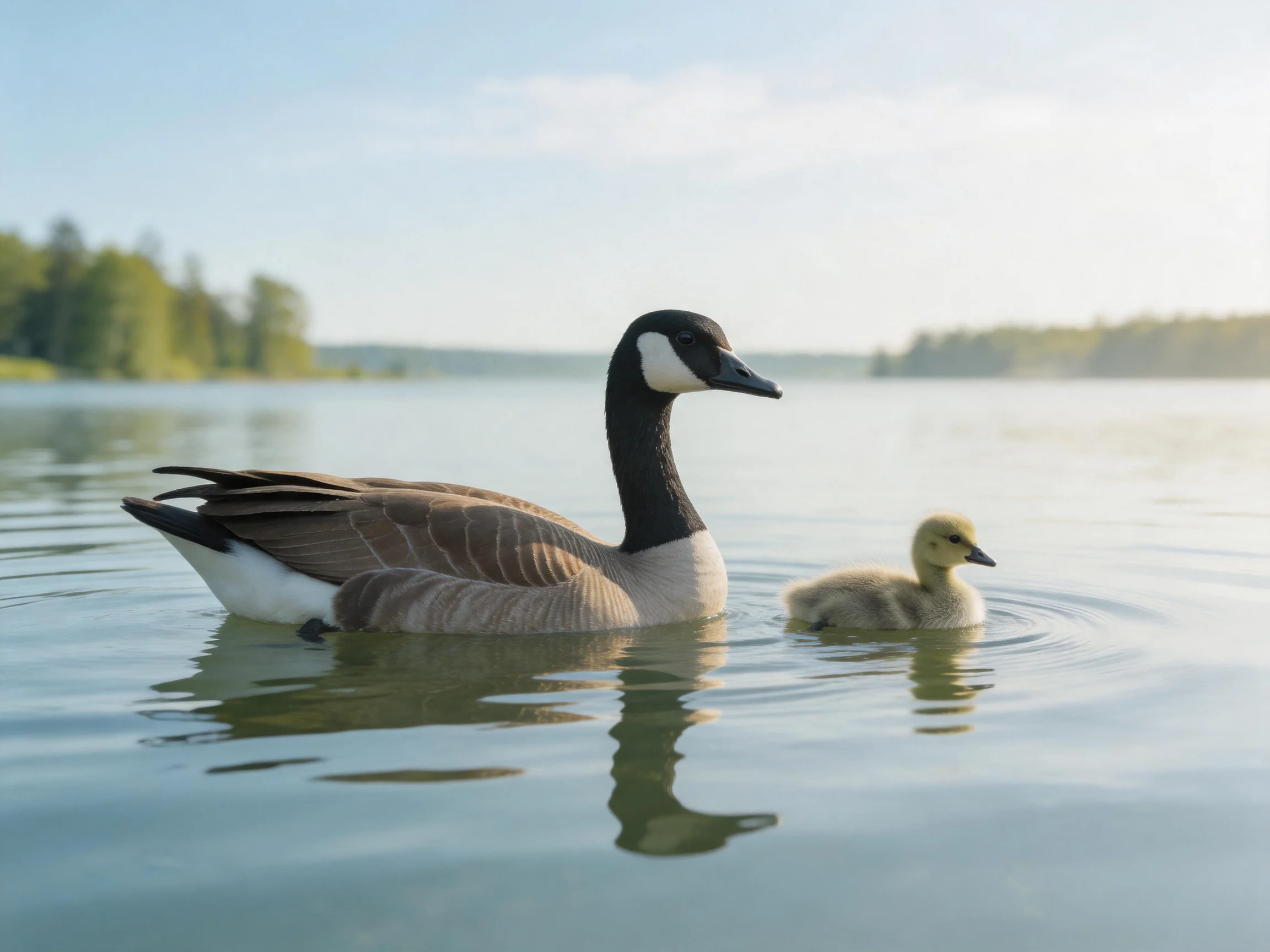 An adult Canada goose and gosling swim in calm lake waters near forested shores