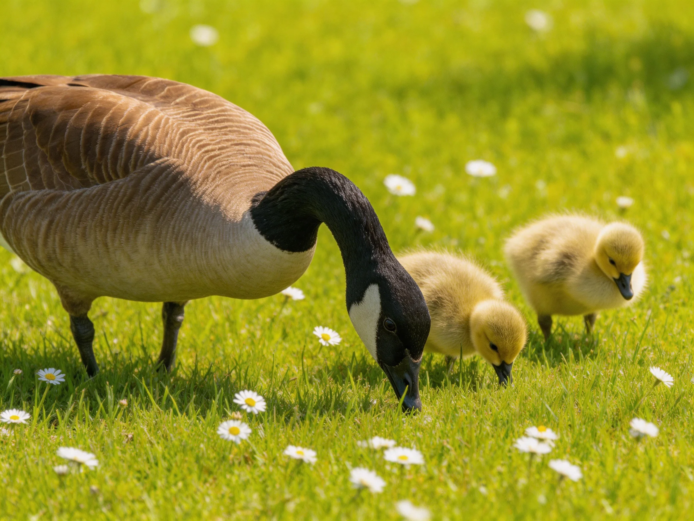 An adult Canada goose and two goslings graze in a flower-filled green meadow