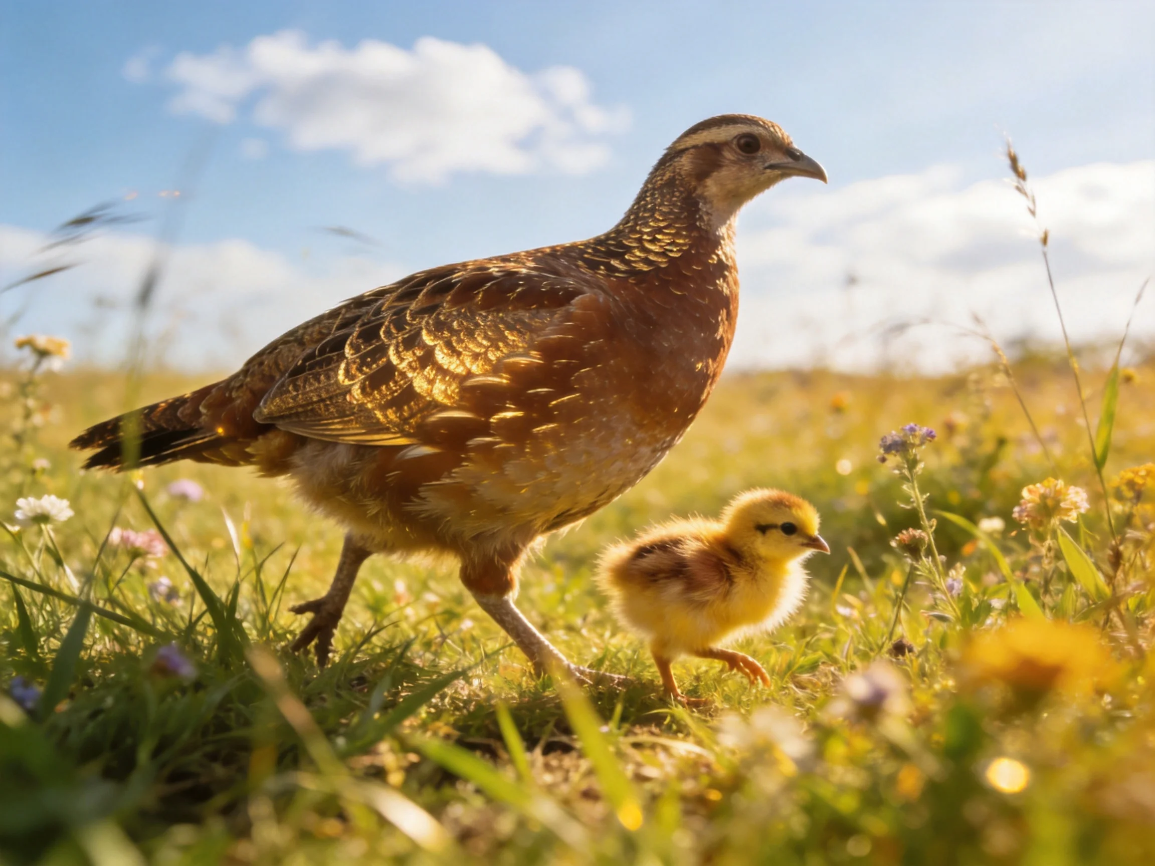 An adult brown bird and yellow chick walk through a sunlit wildflower meadow