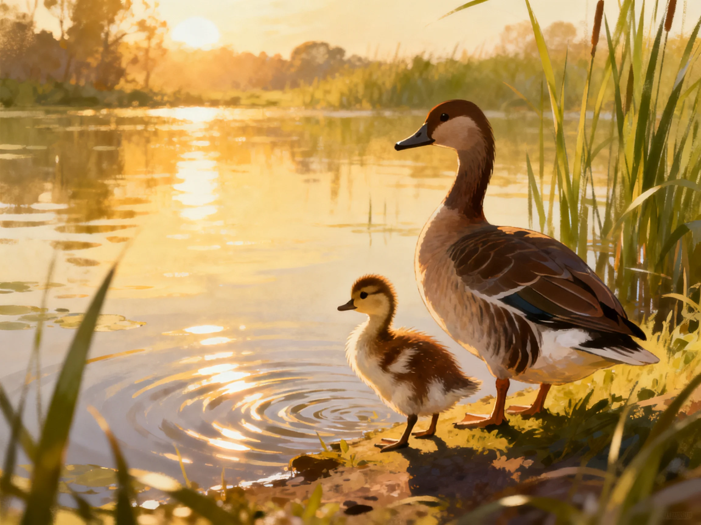 An adult brown duck and a young duckling stand by a sunlit lakeside with golden reeds