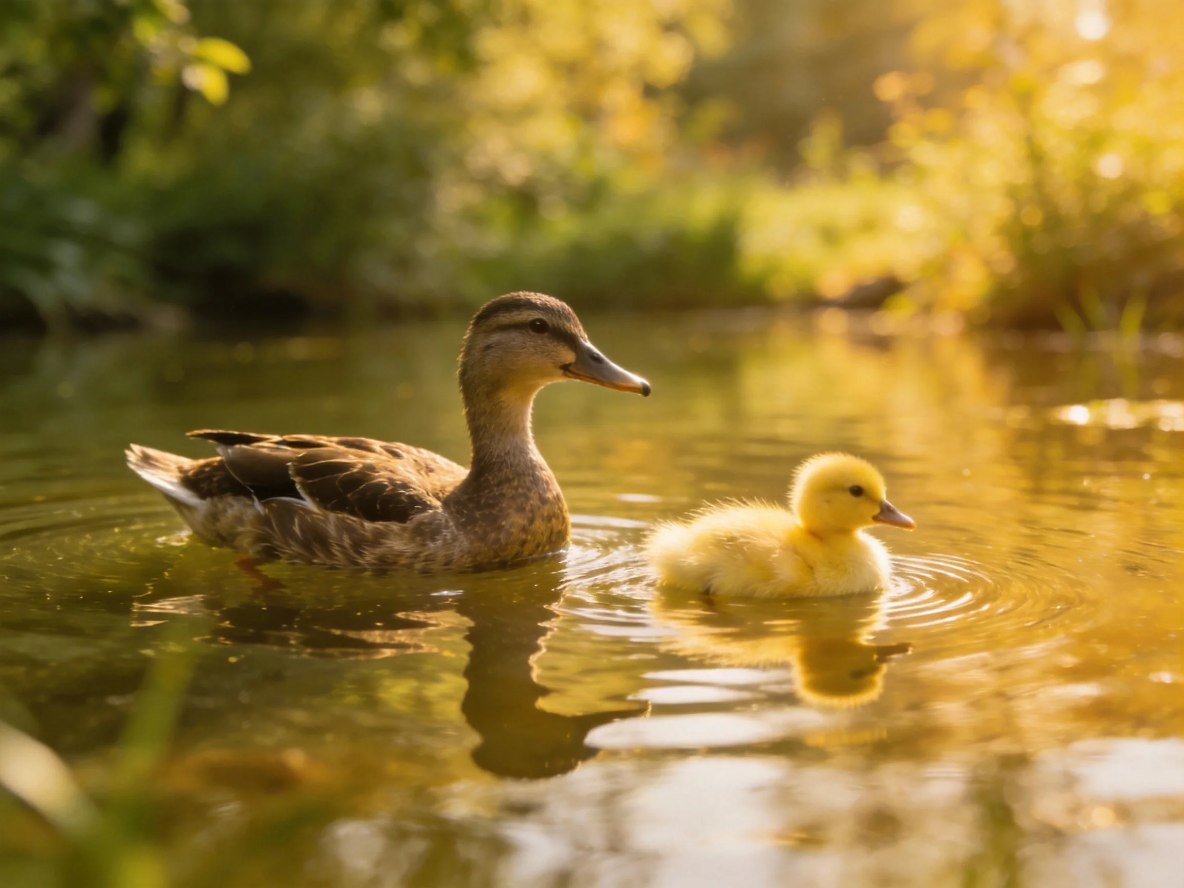 An adult brown duck swims alongside a yellow duckling in a sunlit pond