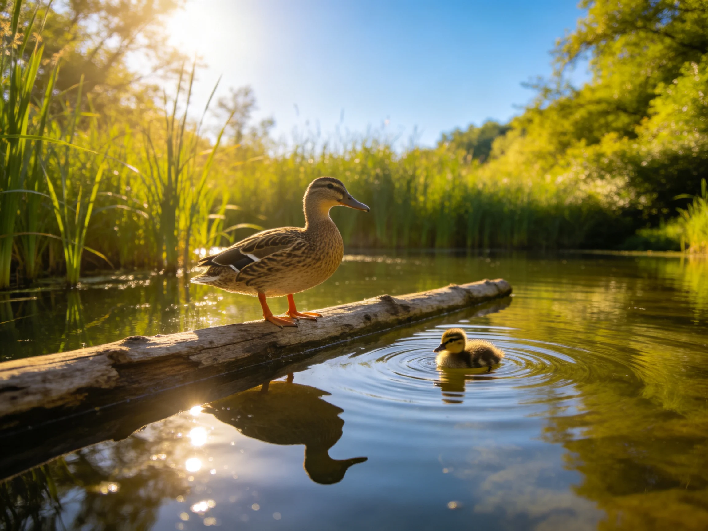 An adult duck stands on a log beside a duckling in a sunlit wetland