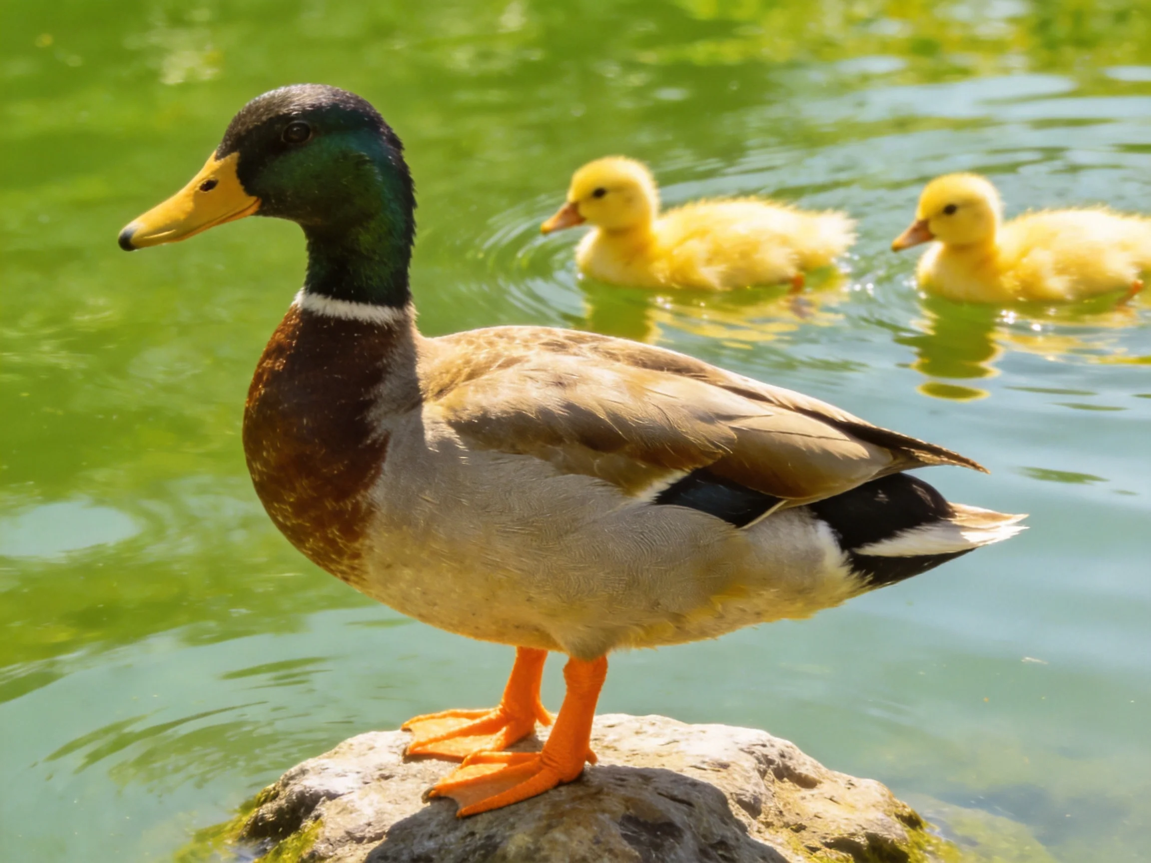 An adult duck stands on a rock beside two yellow ducklings in green water