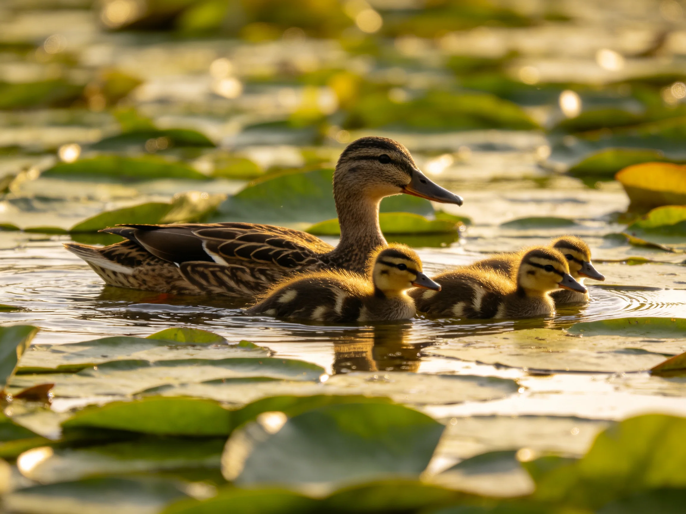 An adult duck swimming with three ducklings among lily pads in golden water