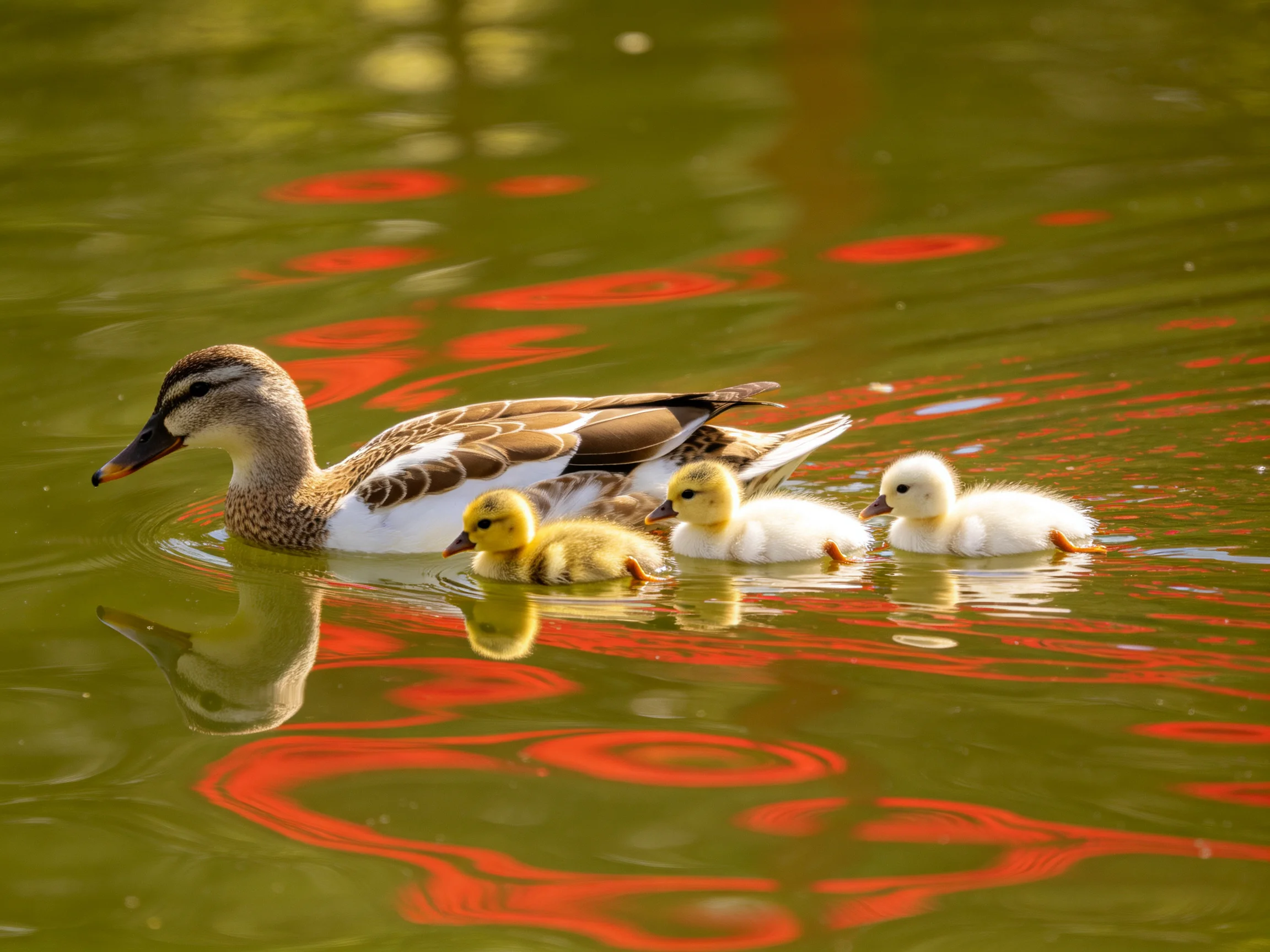 An adult duck swimming with three ducklings in green water with red reflections
