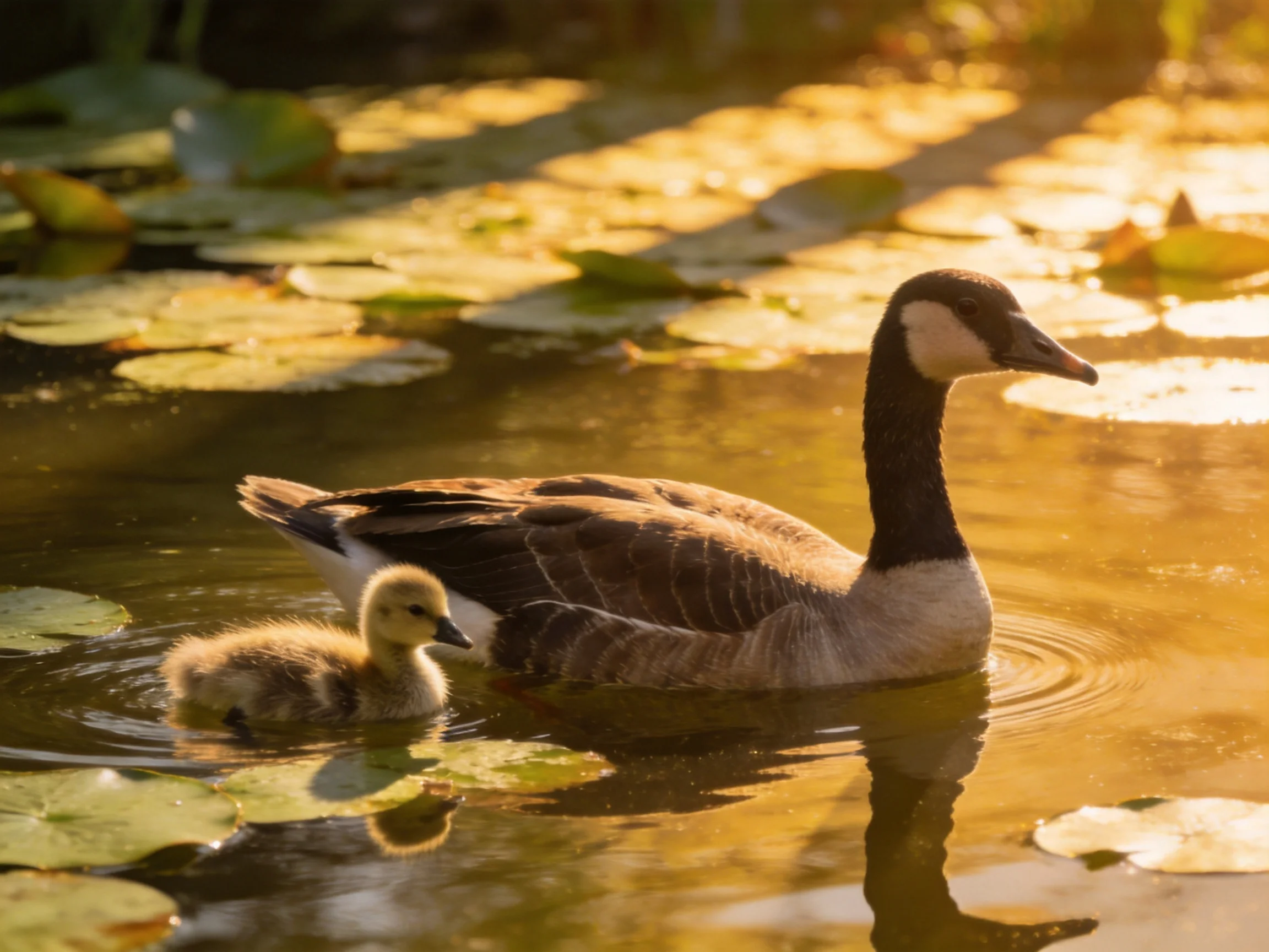 An adult goose and gosling swim among lily pads in golden sunlight