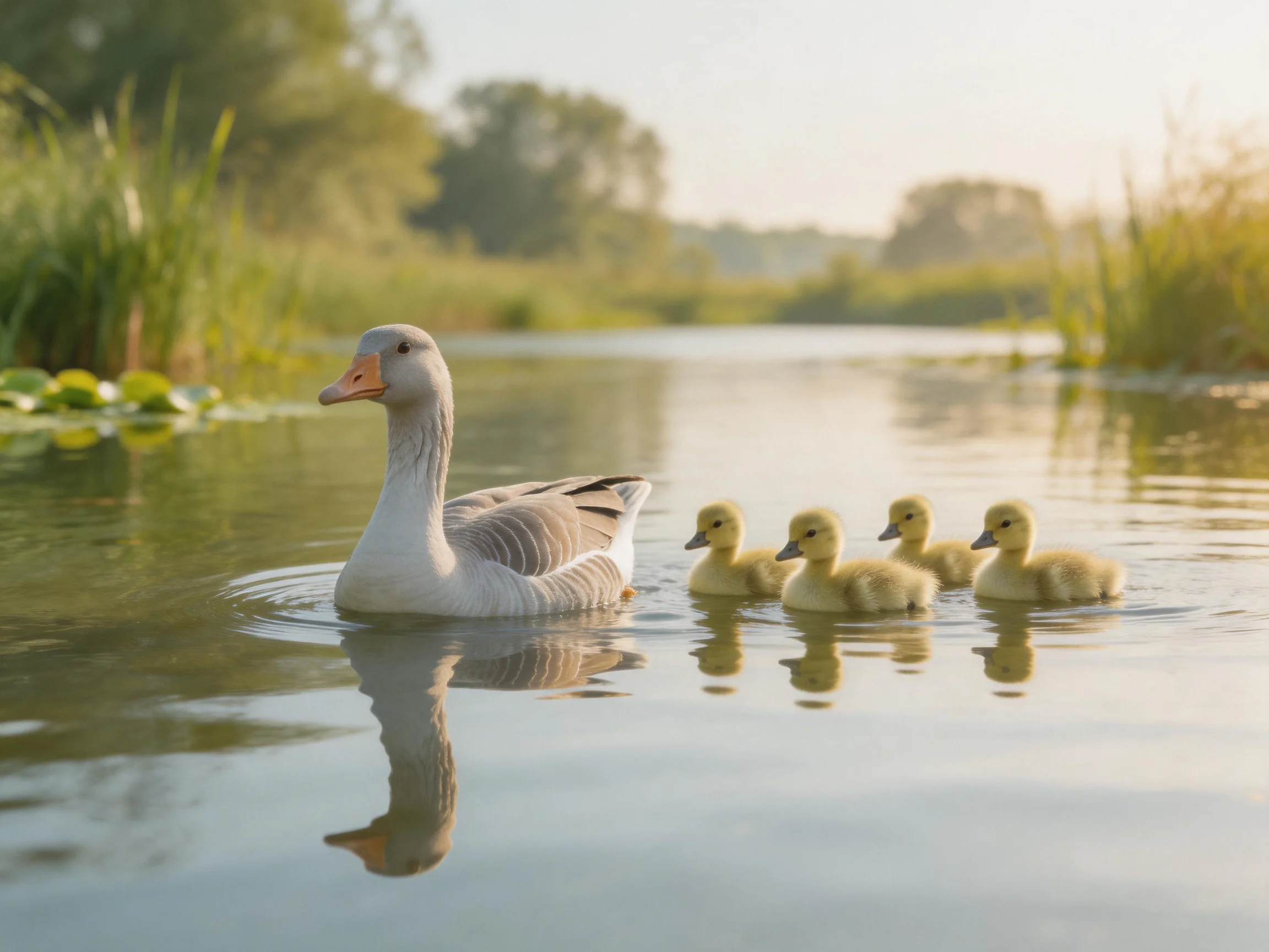 An adult goose leads four goslings through calm water near tall reeds