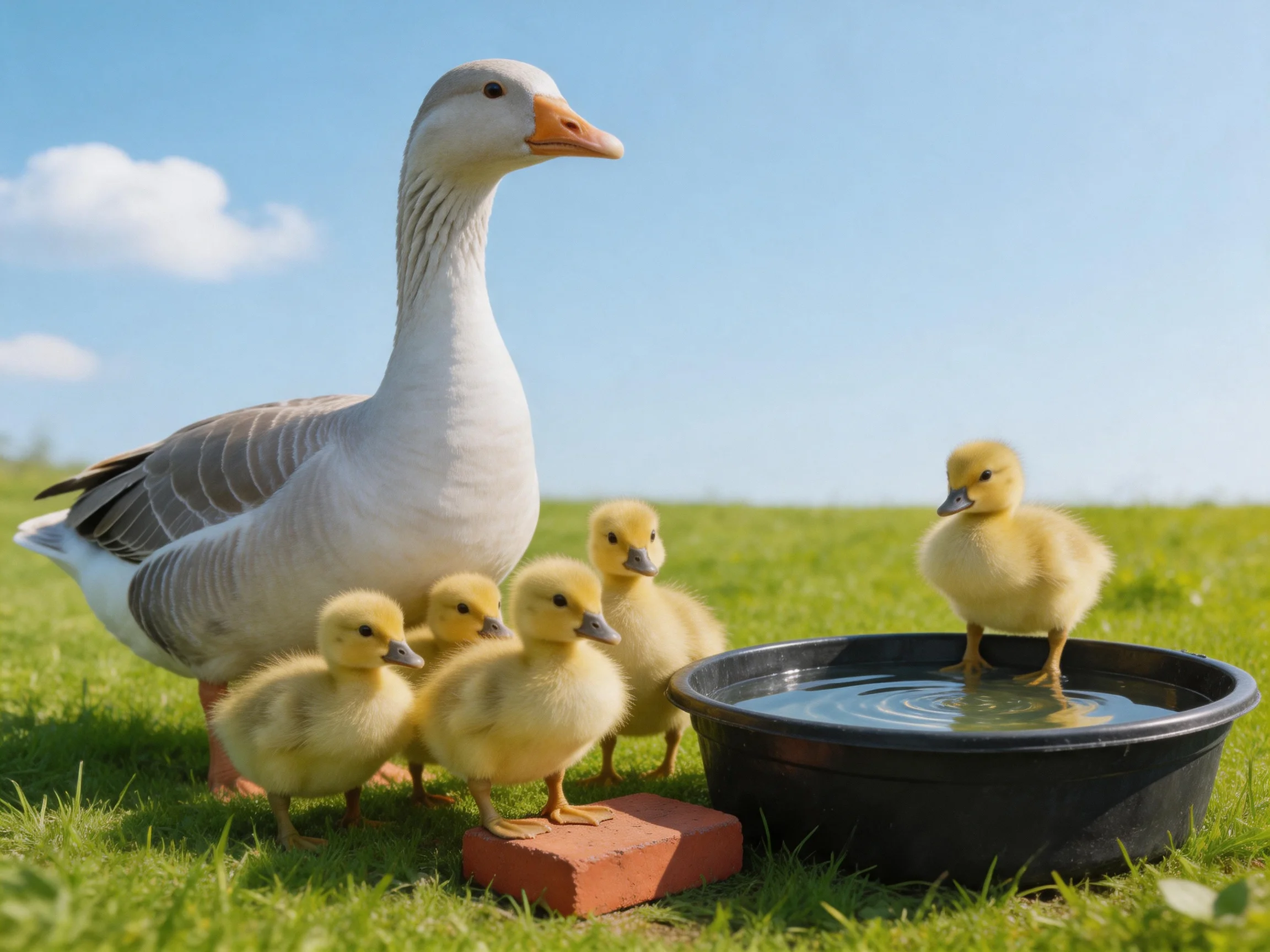 An adult goose with four goslings near a black water bowl on green grass