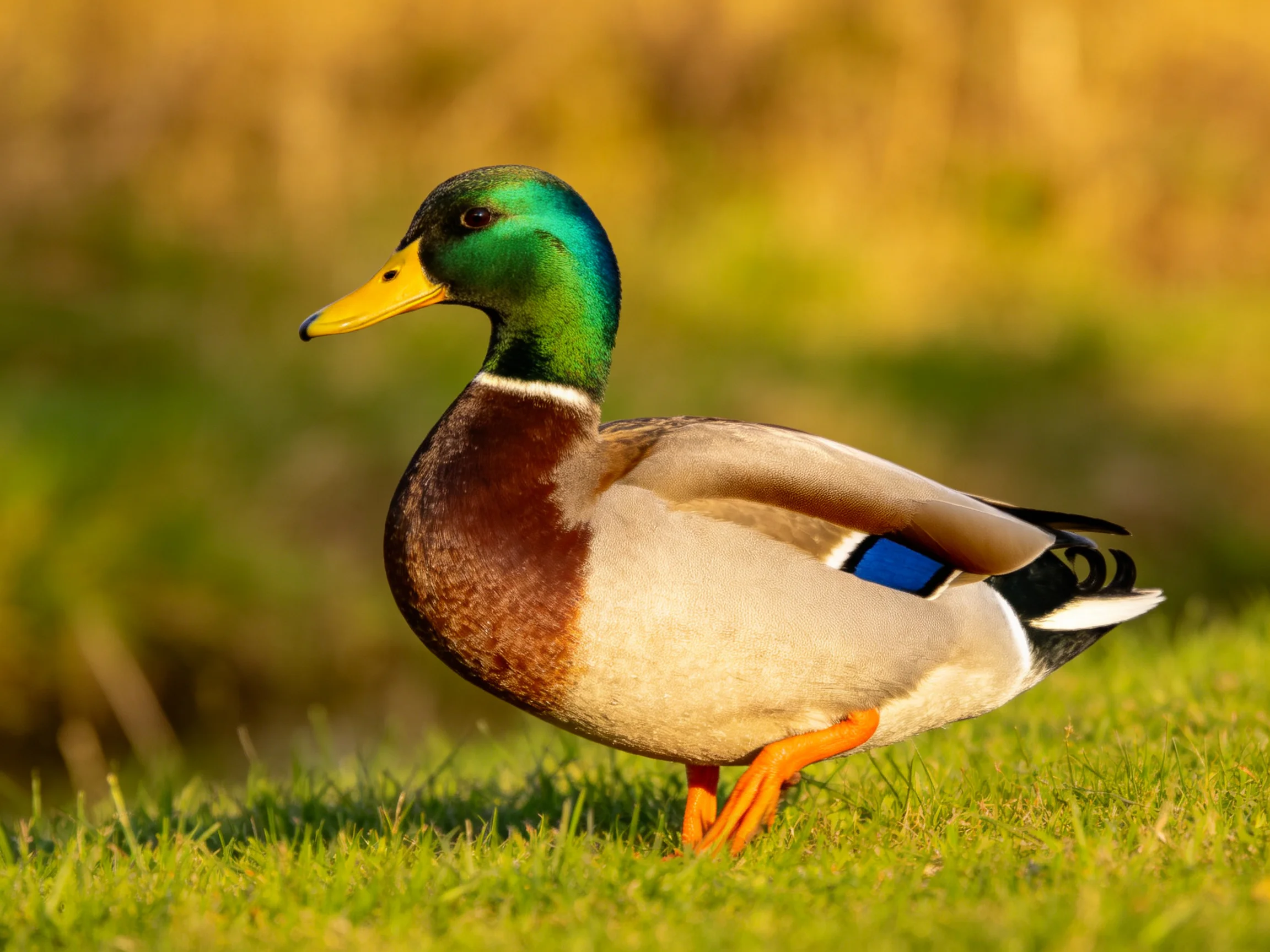 An adult mallard duck with emerald head, yellow beak, and brown chest on grass