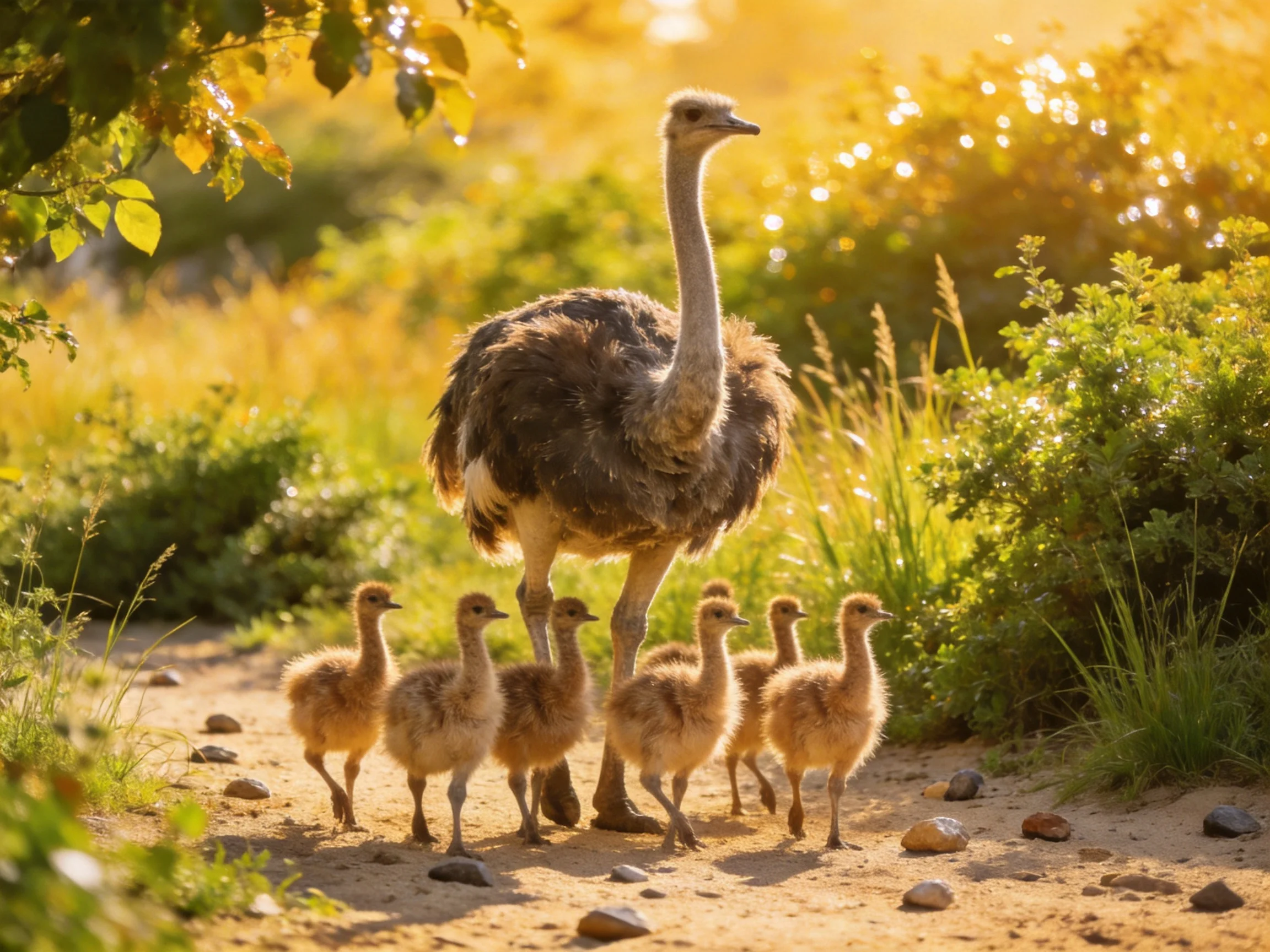 An adult ostrich leads six chicks on a sunlit dirt path