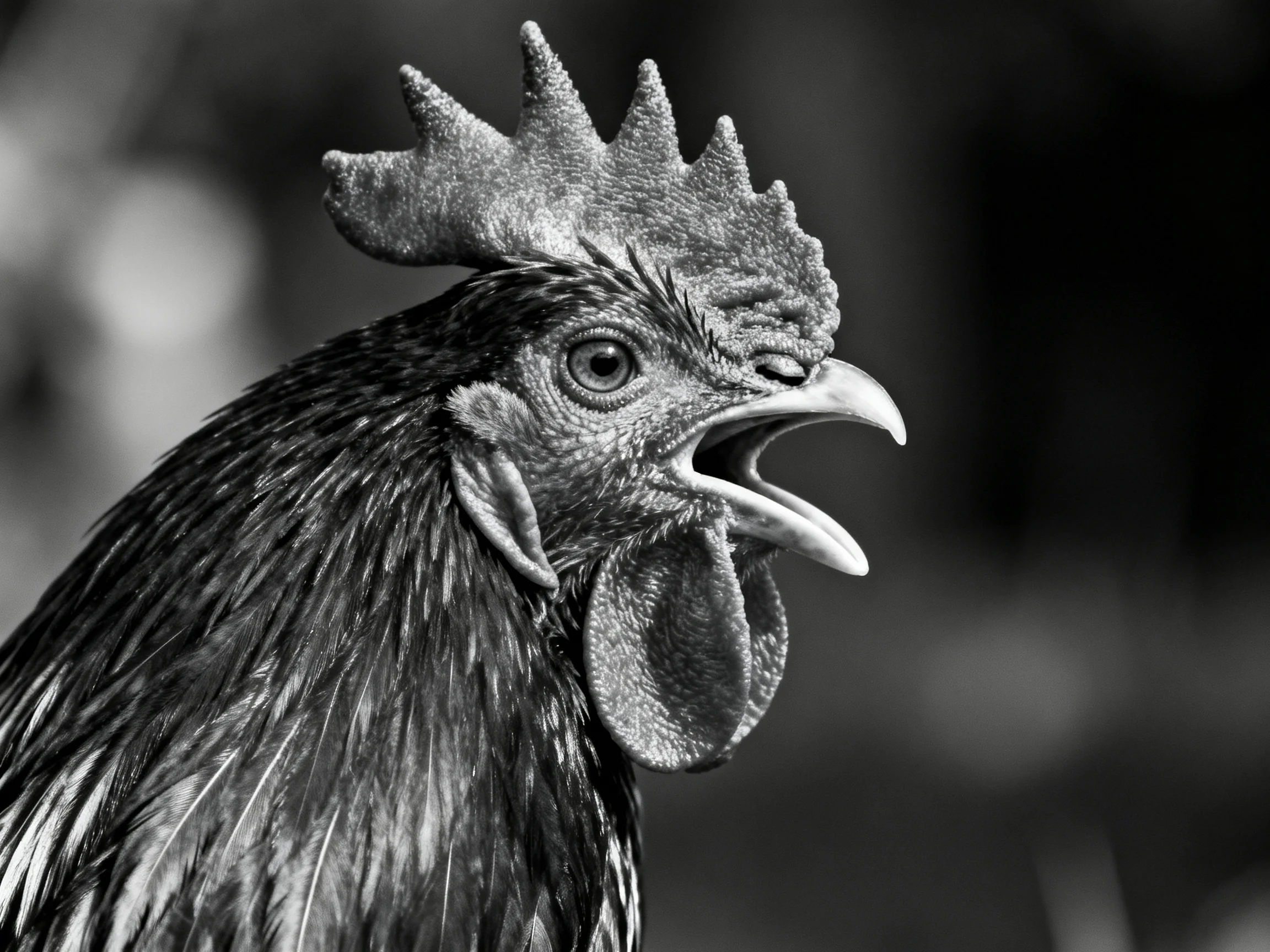 A black and white close - up shows a rooster with an open beak and distinct facial features.
