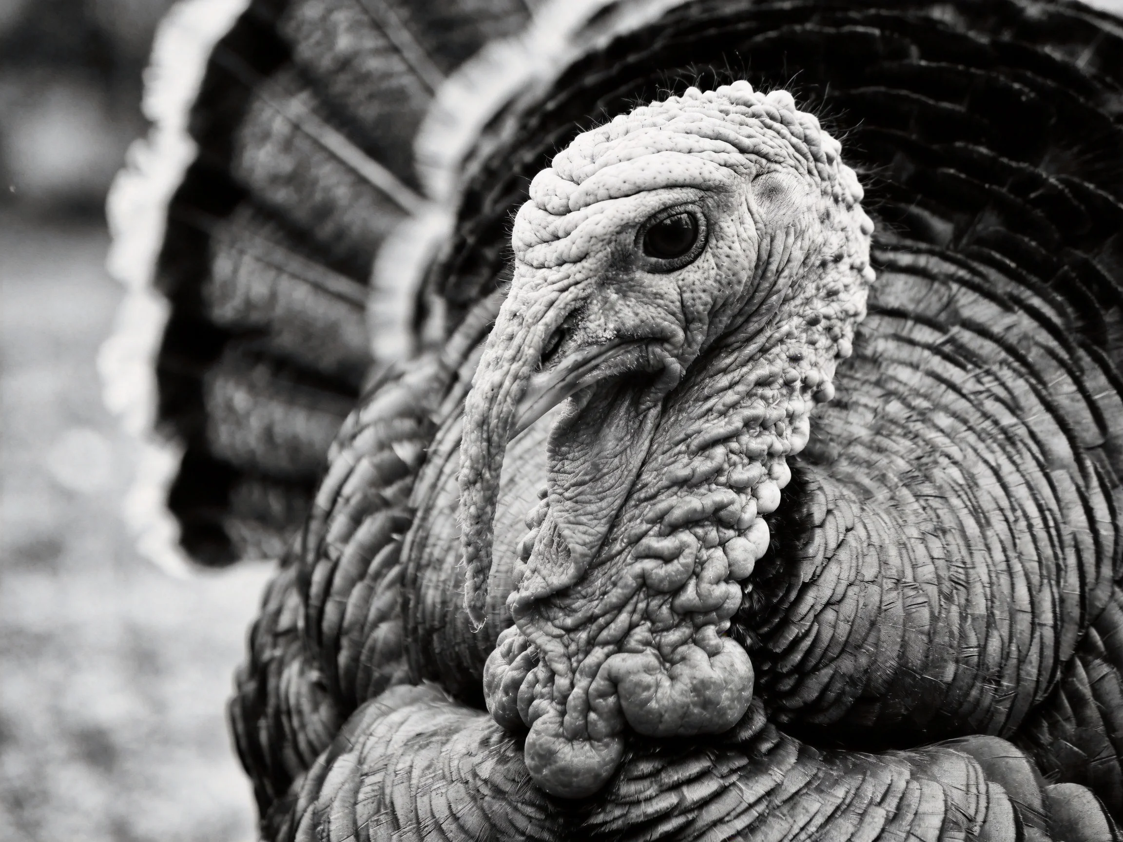 Black and white close - up of a turkey with detailed plumage