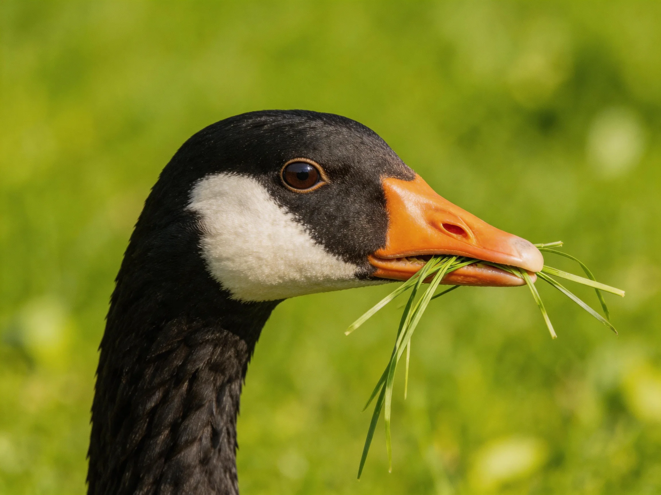 Black and white goose with bright orange beak grasps grass in green surroundings