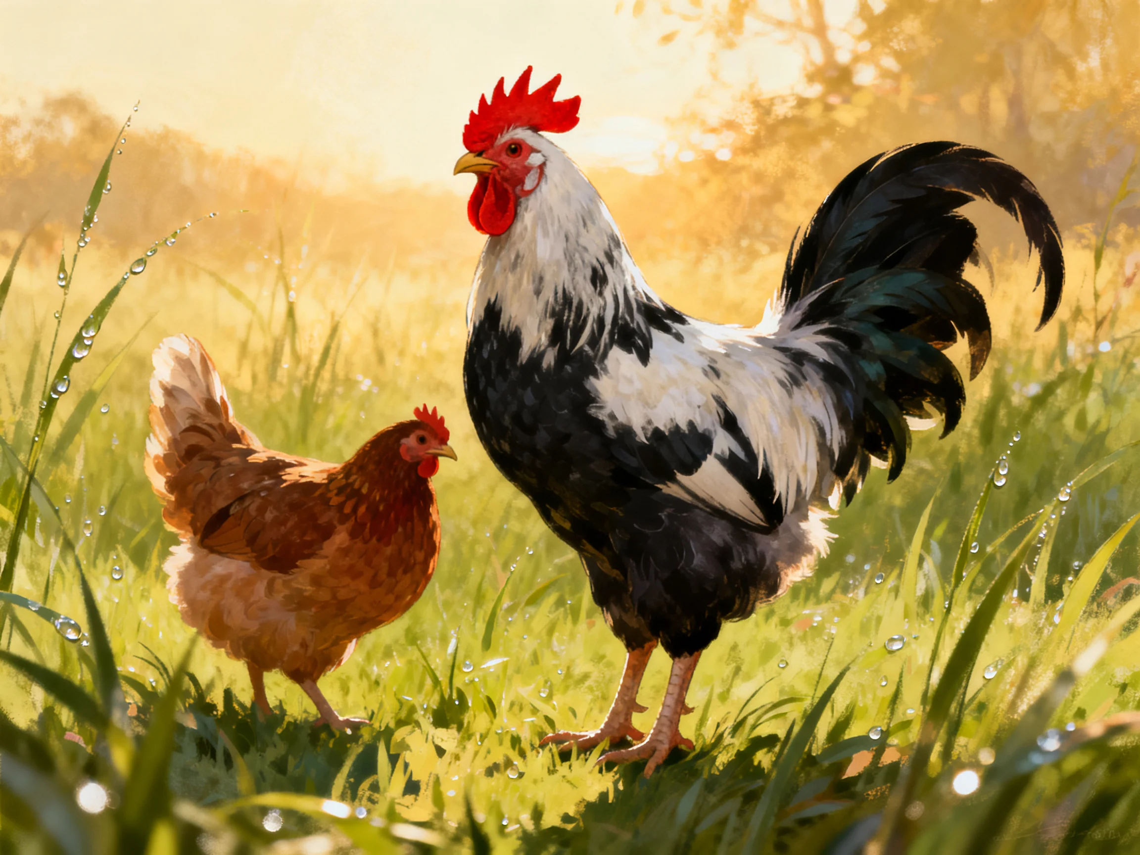 Black and white rooster and brown hen in dewy grassy meadow