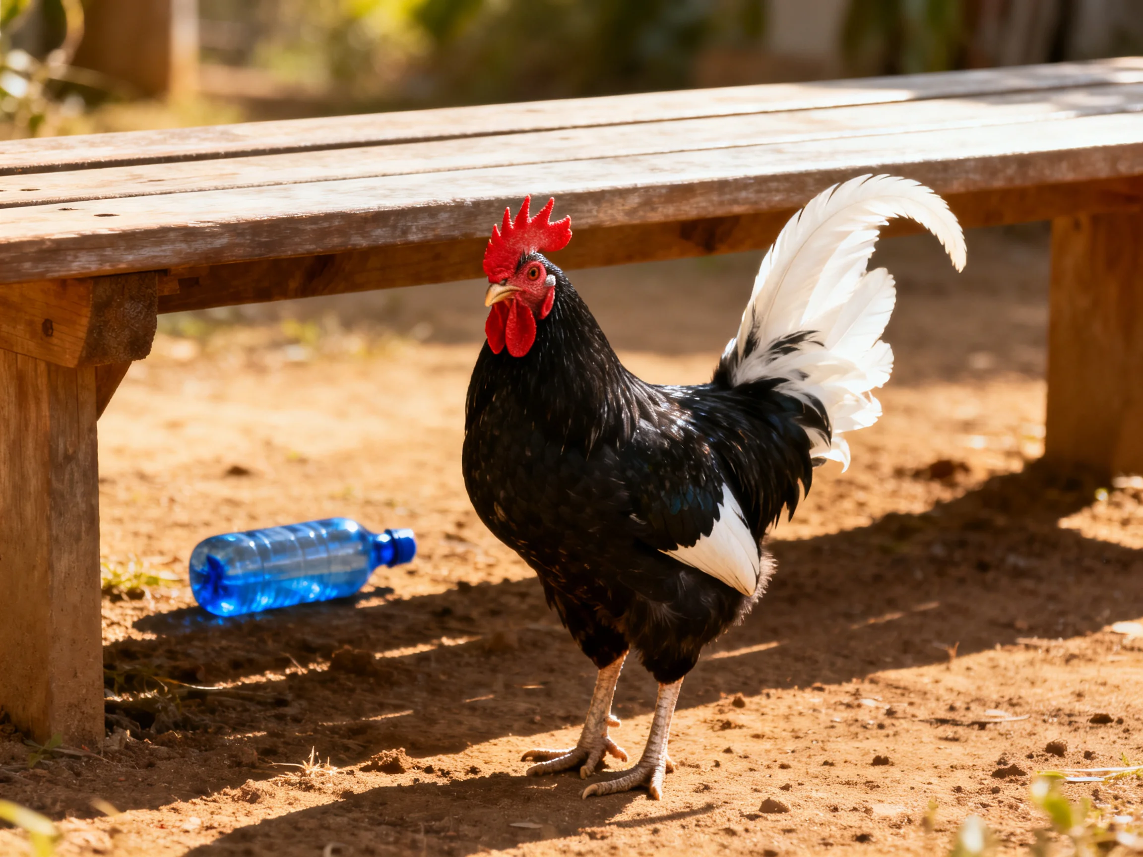 Black and white rooster beside wooden bench with blue water bottle