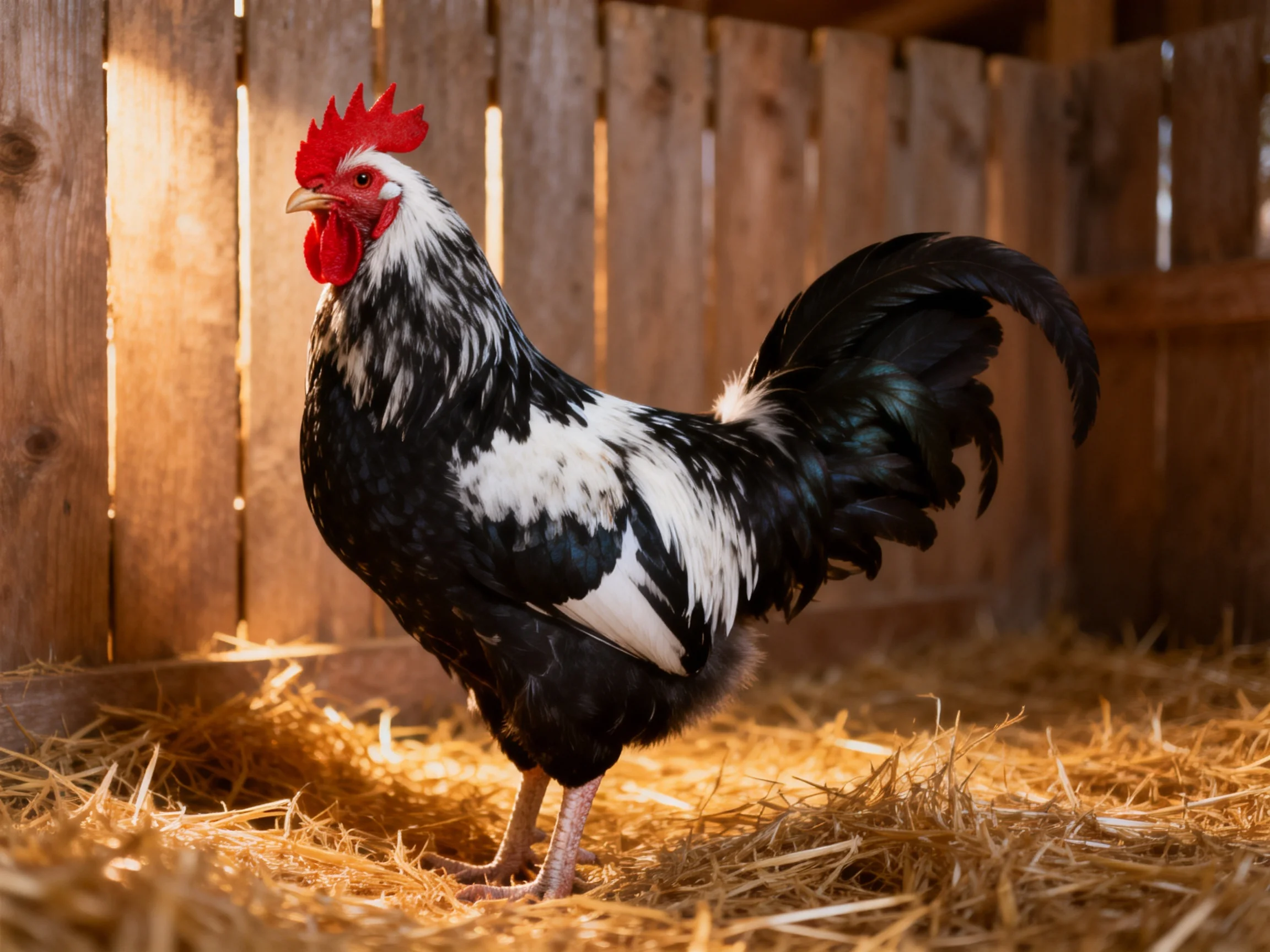 Black and white rooster on straw in wooden enclosure
