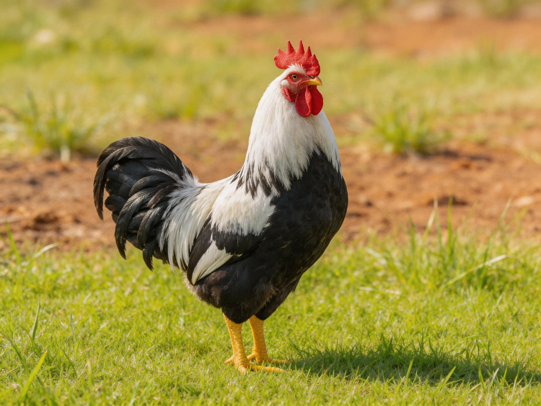 Black and white rooster with red comb standing on grass