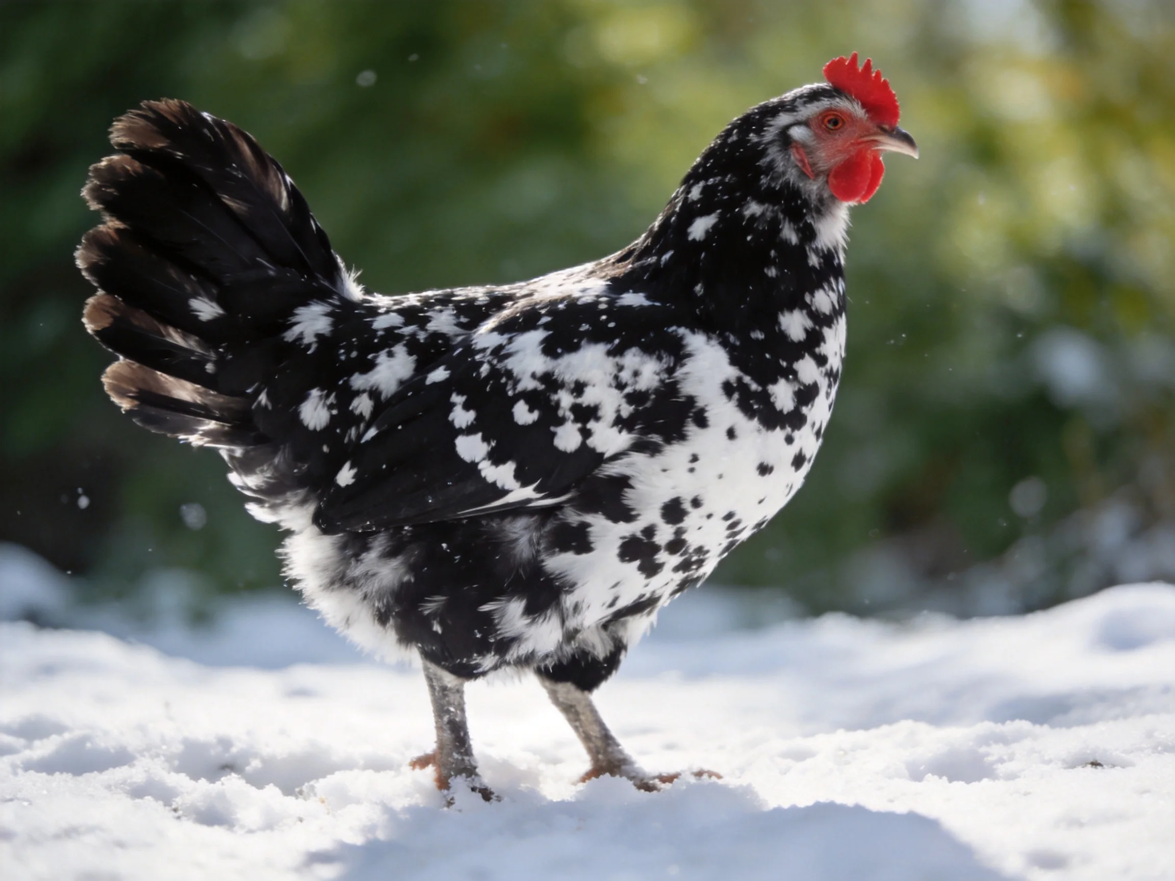 Black and white speckled chicken on snowy ground with green foliage