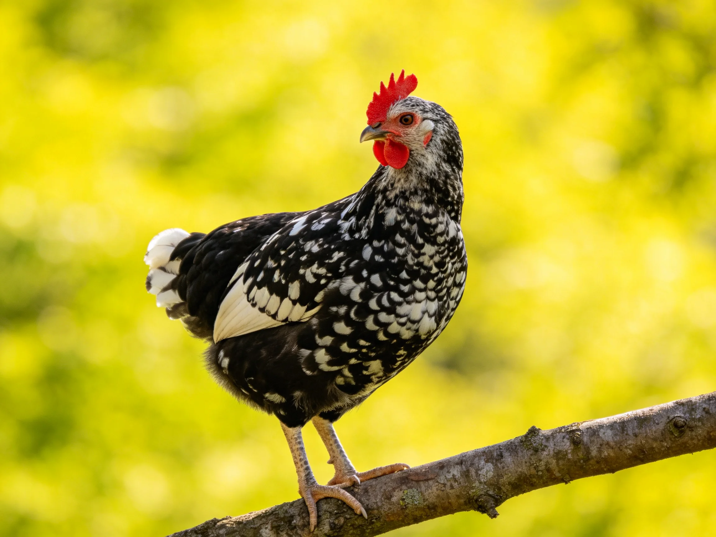 Black and white speckled hen with red comb perched on a tree branch