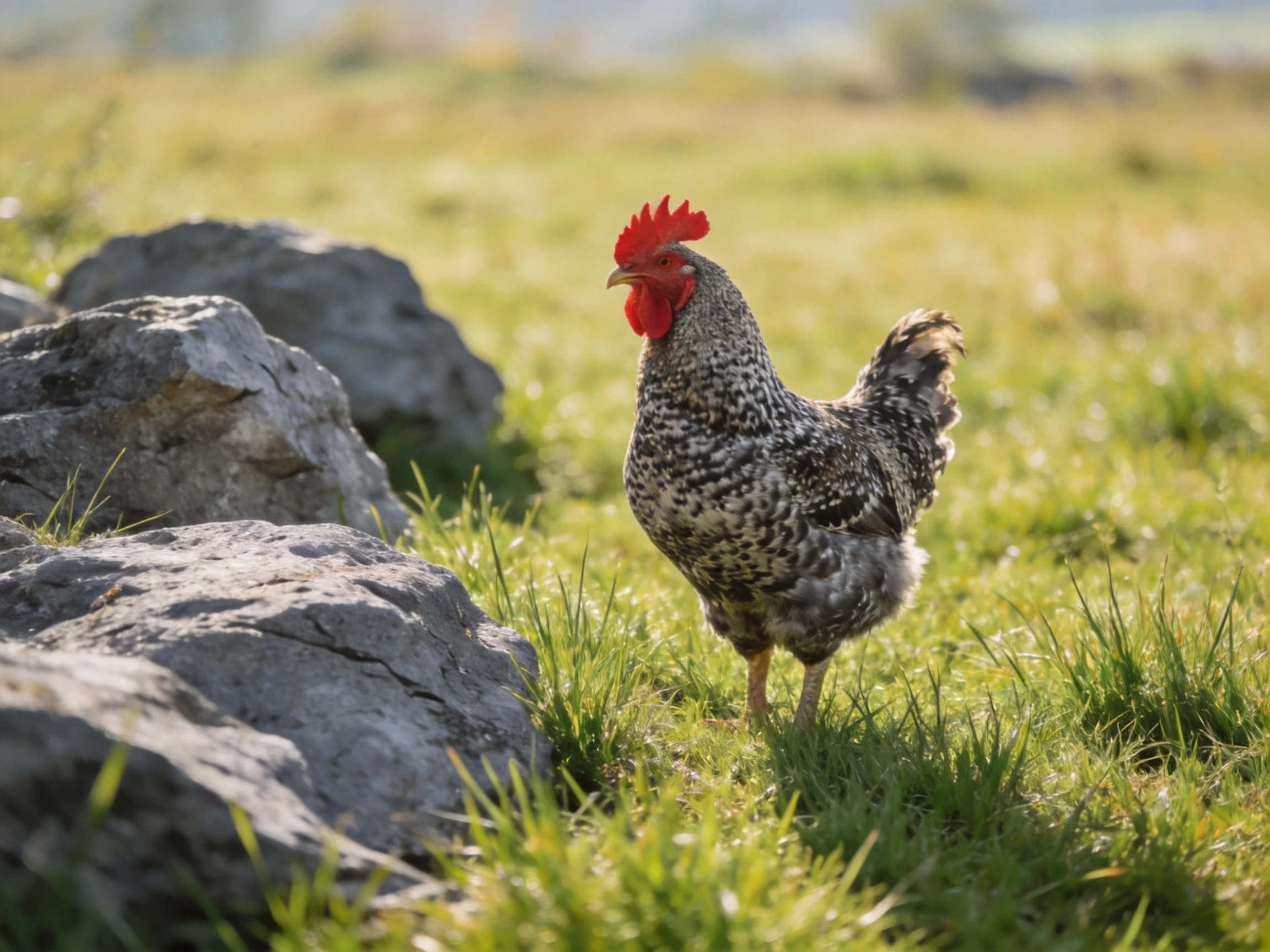 Black and white speckled rooster in sunlit grassy field near rocks