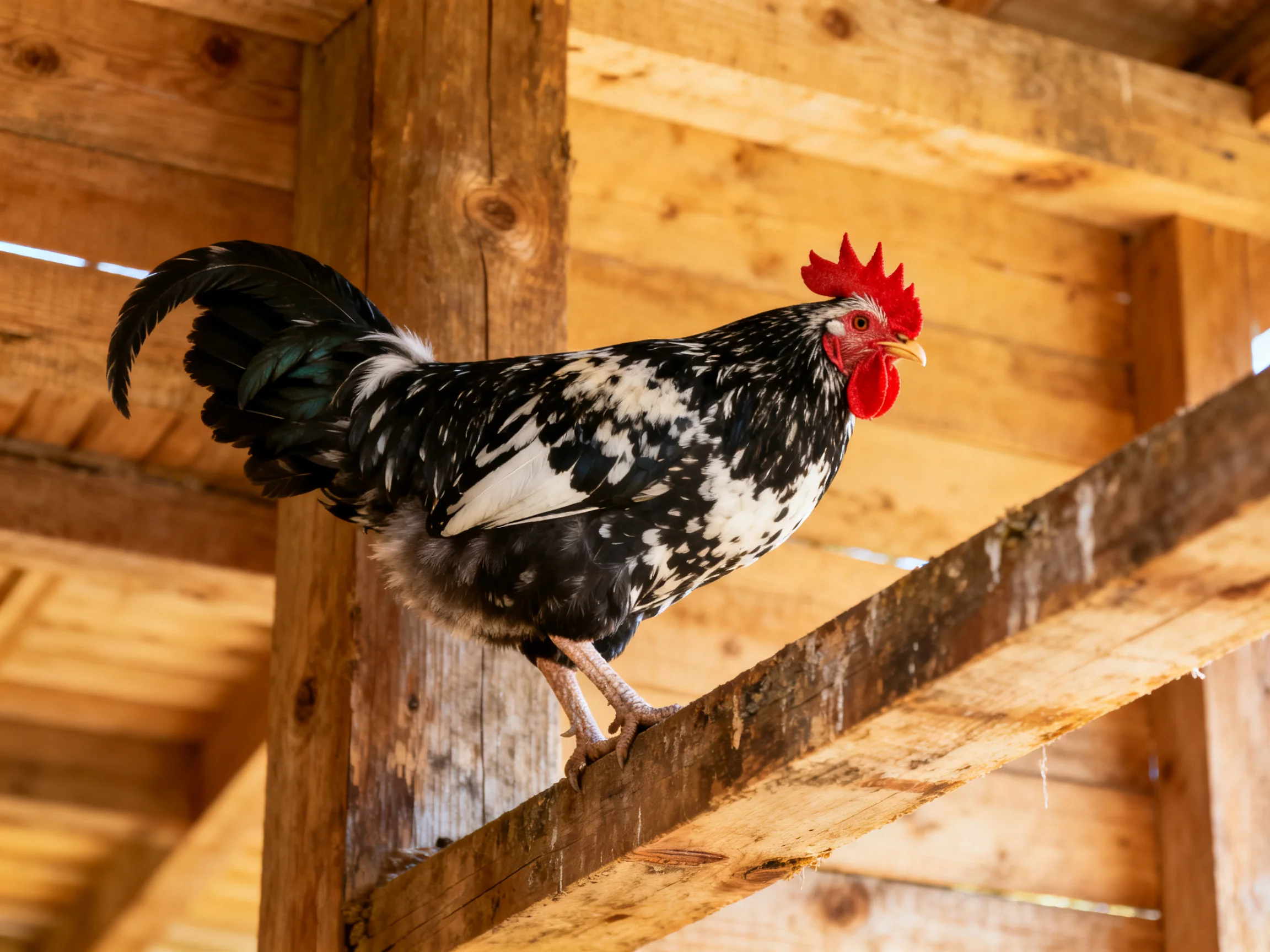 Black and white speckled rooster with red comb perched on wooden beams