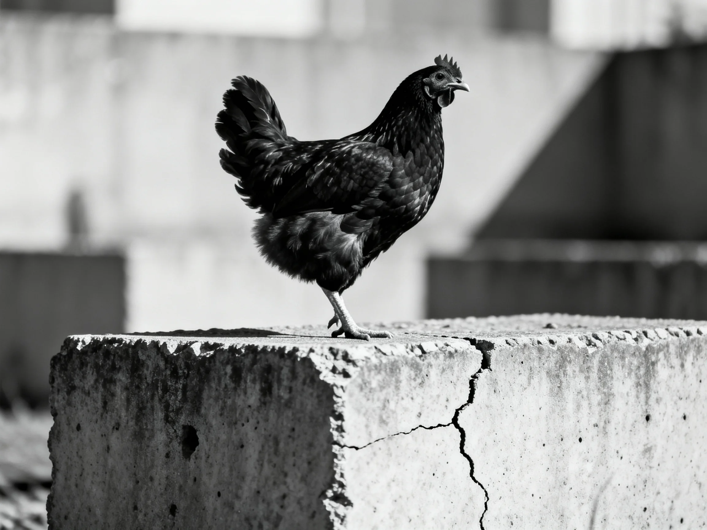Black chicken perched on cracked concrete block near industrial structures