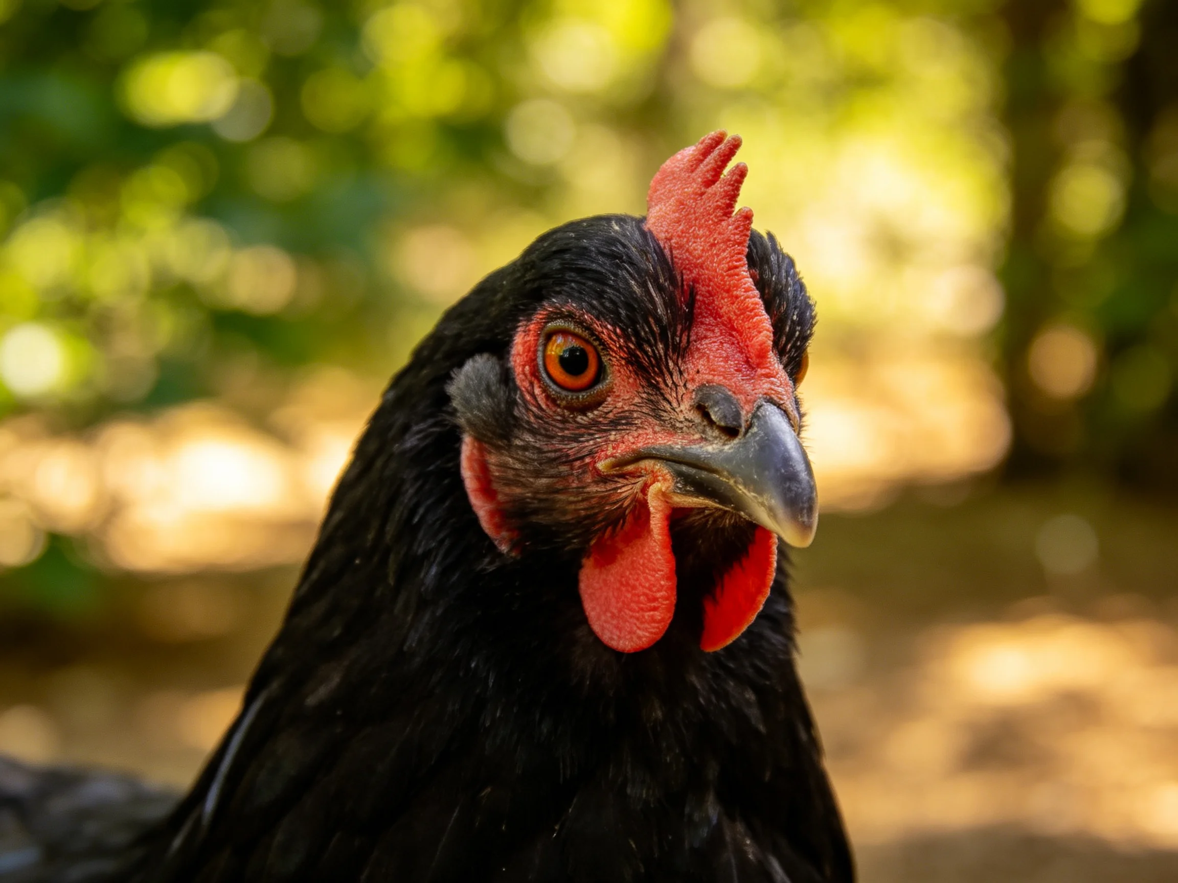 Close - up of a black chicken with red facial features in natural light.