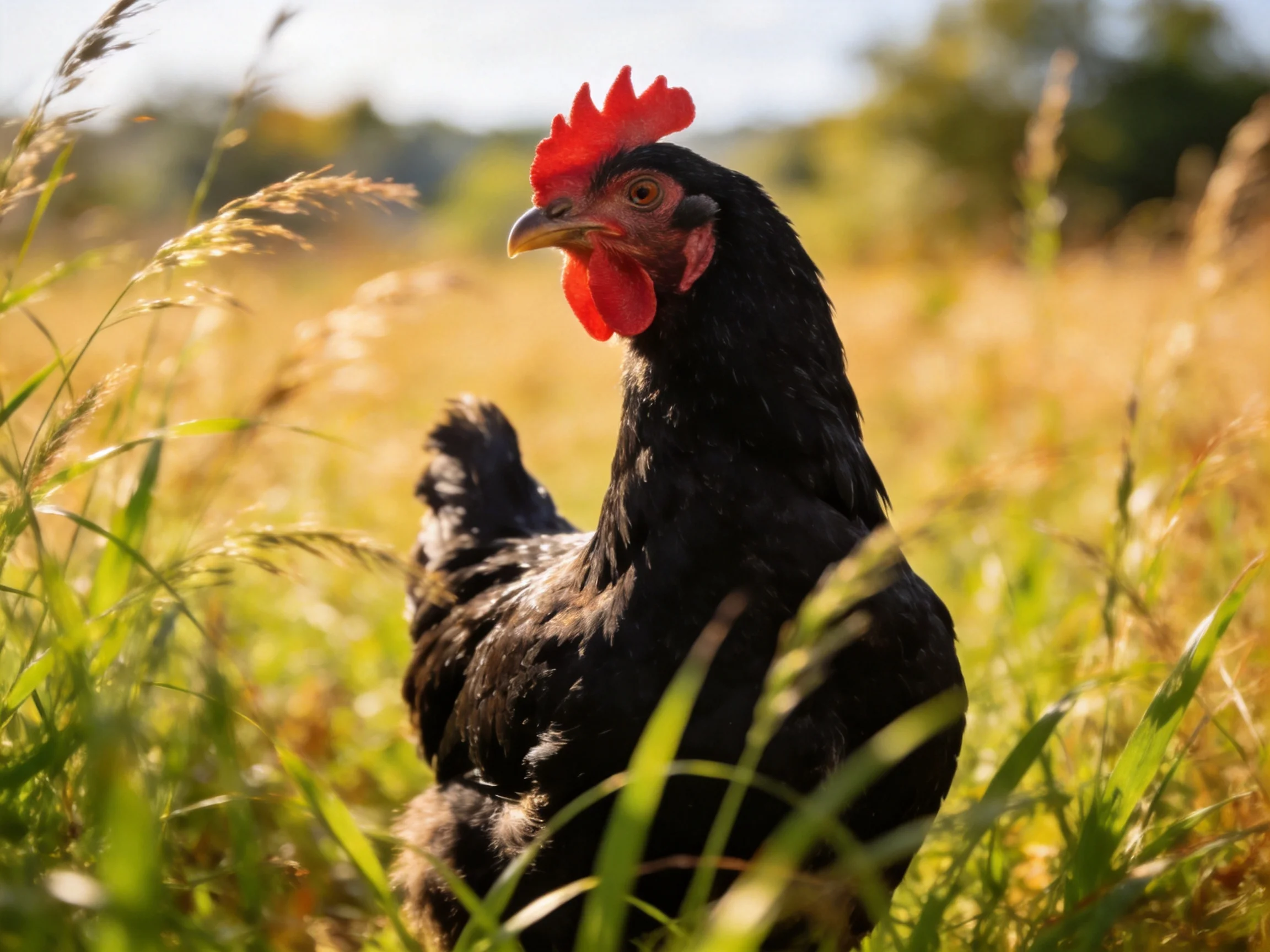 Black chicken with bright red comb in sunlit grassy field