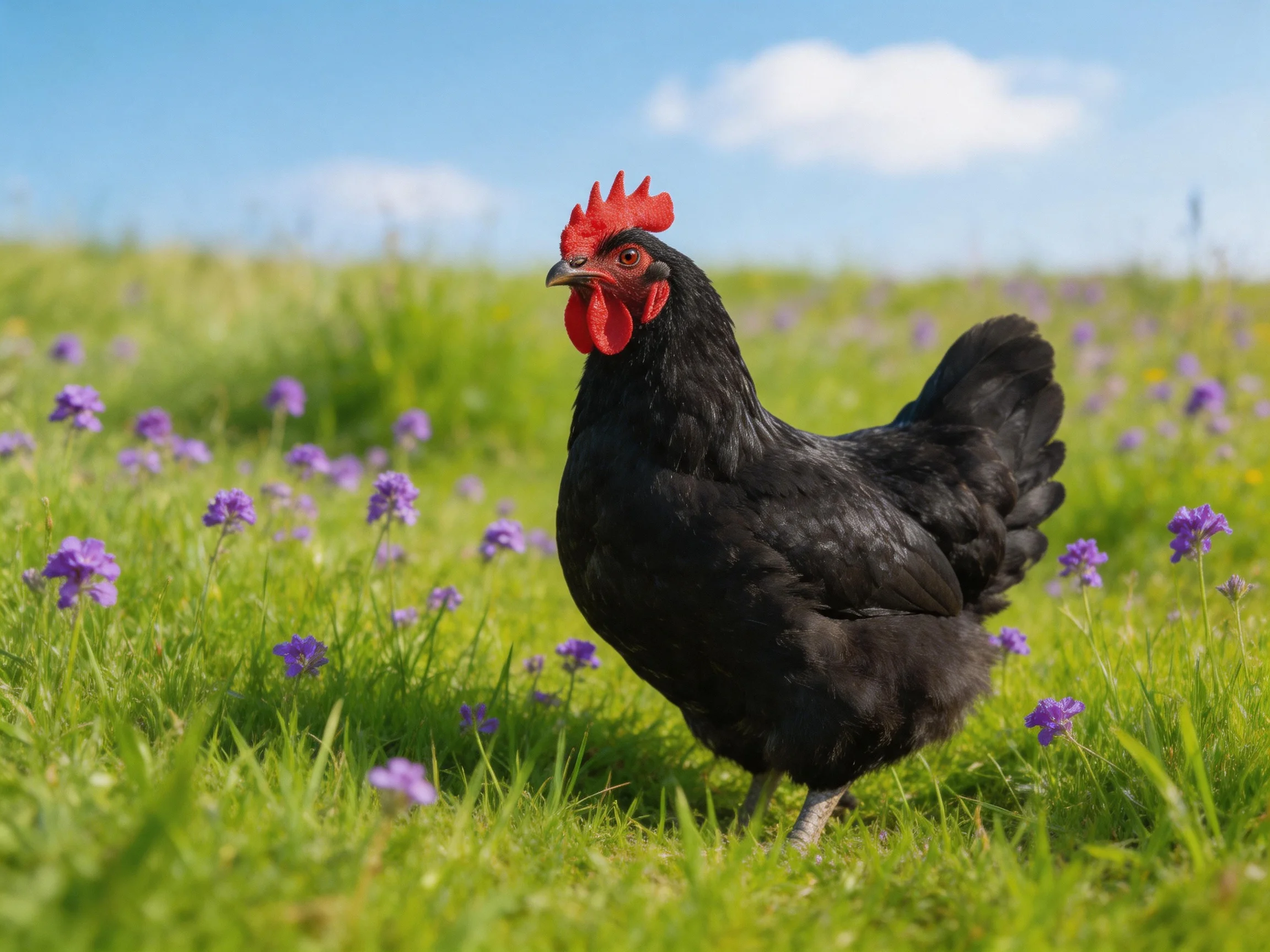 Black chicken with red comb in green meadow with purple wildflowers