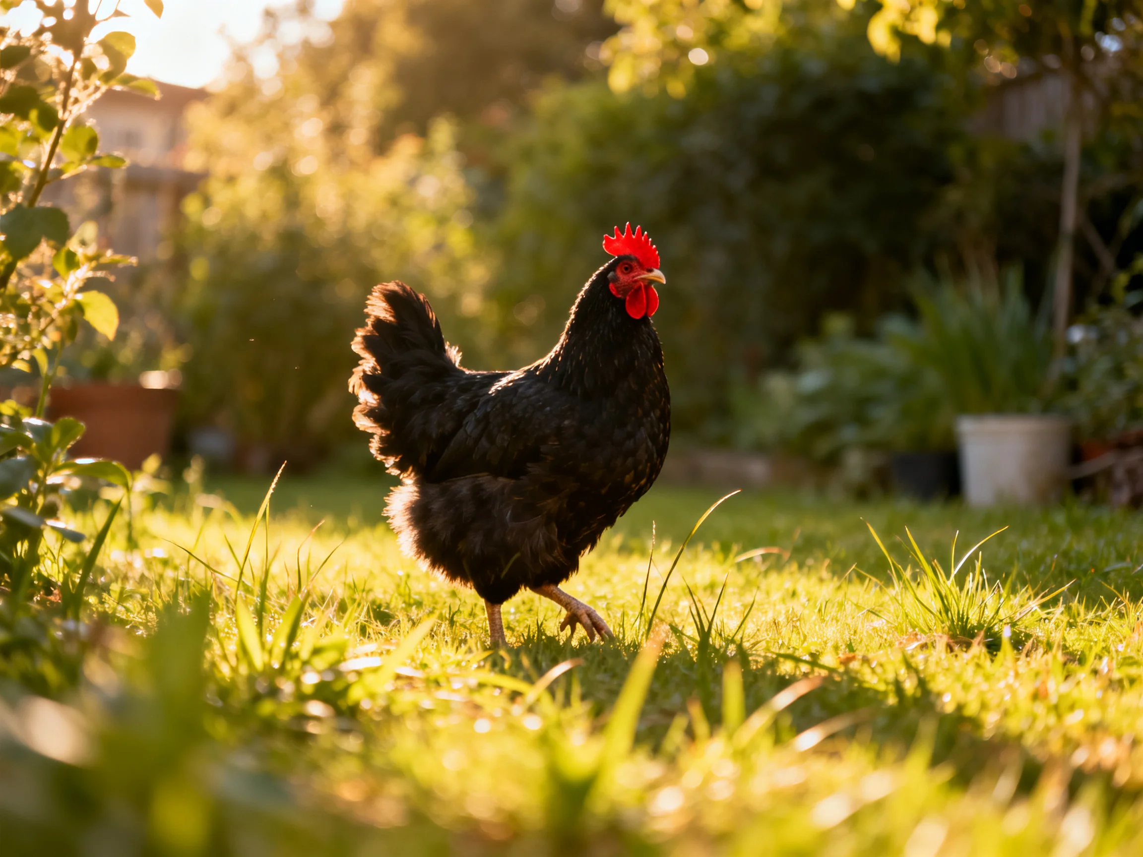 Black chicken with red comb walking in sunlit garden grass