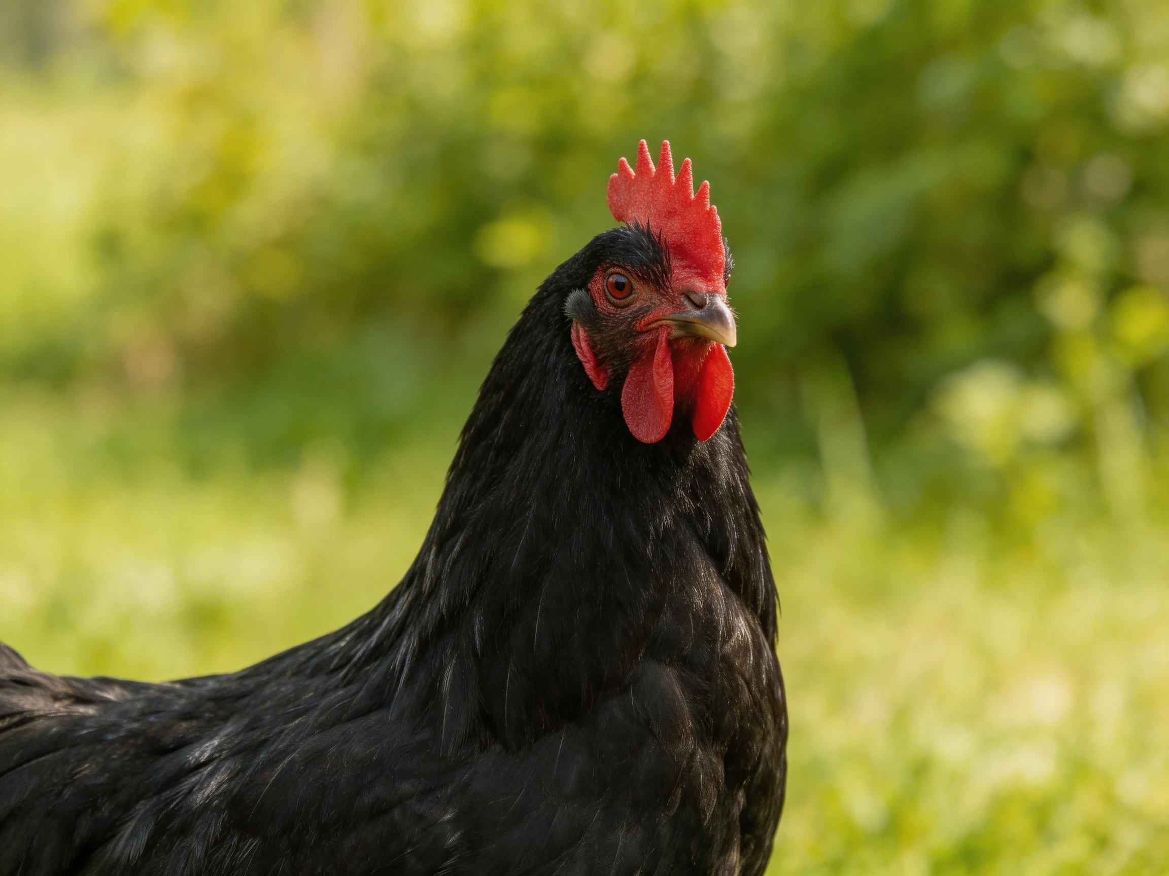Black chicken with vibrant red comb in lush green outdoor environment