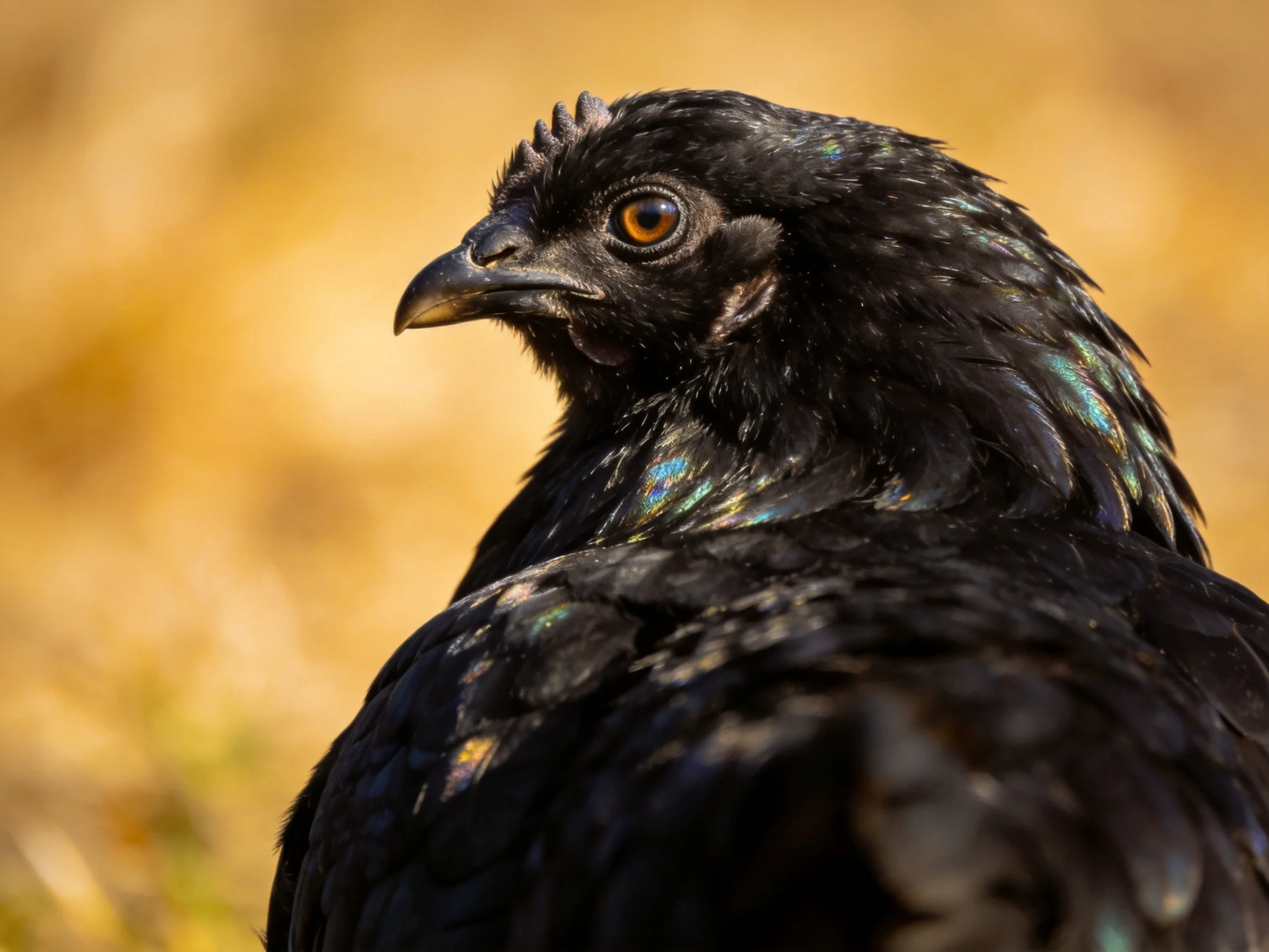 Black crested bird with iridescent feathers against golden field backdrop