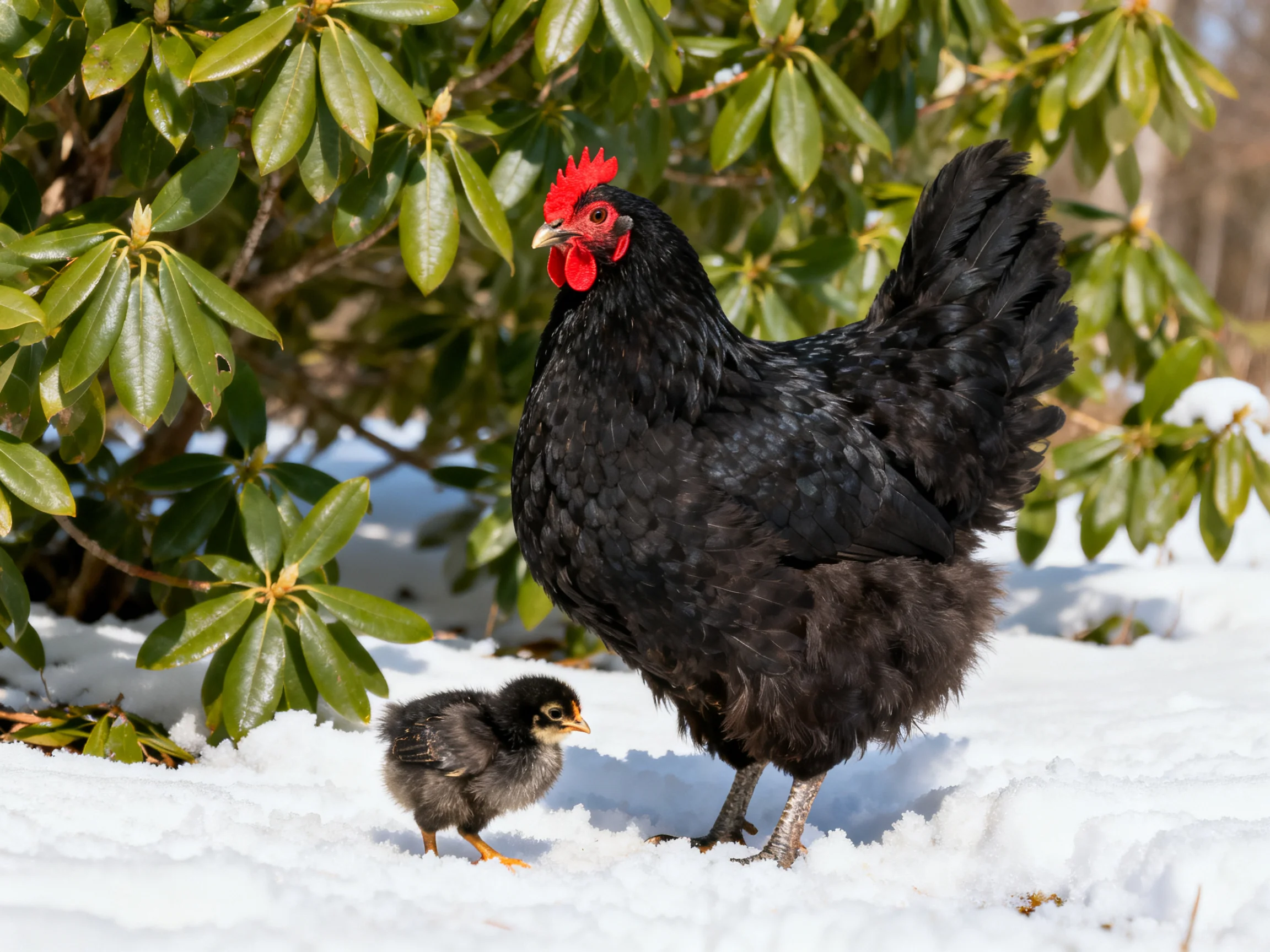 Black hen and small chick in snow near green bushes